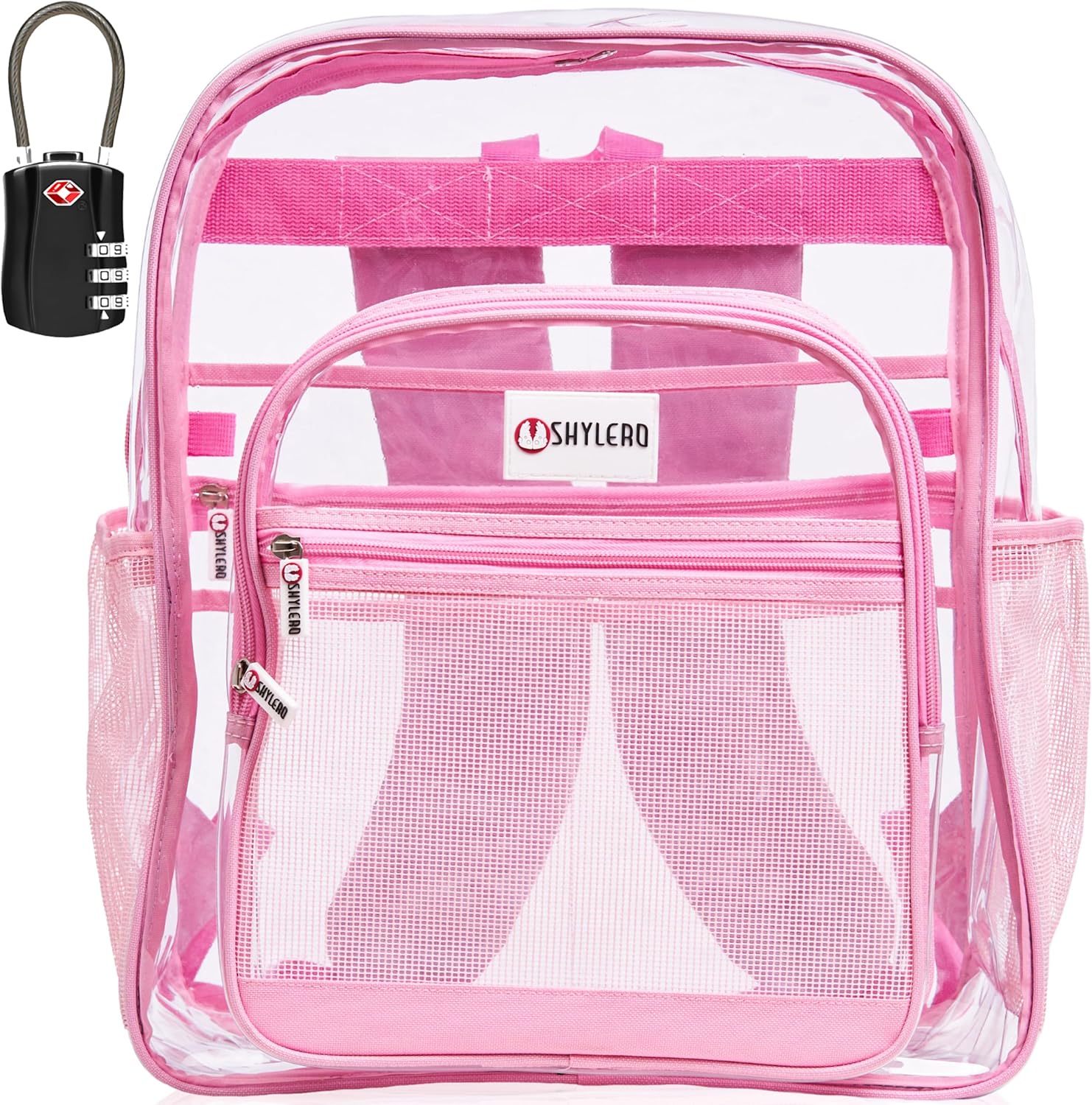 SHYLERO Clear Backpack For Work XL. Heavy Duty Backpack has TSA Lock, 2-WAY Zip, Transparent PVC - H18''xW14''xD8 (Transparent Pink Rhino, XL)