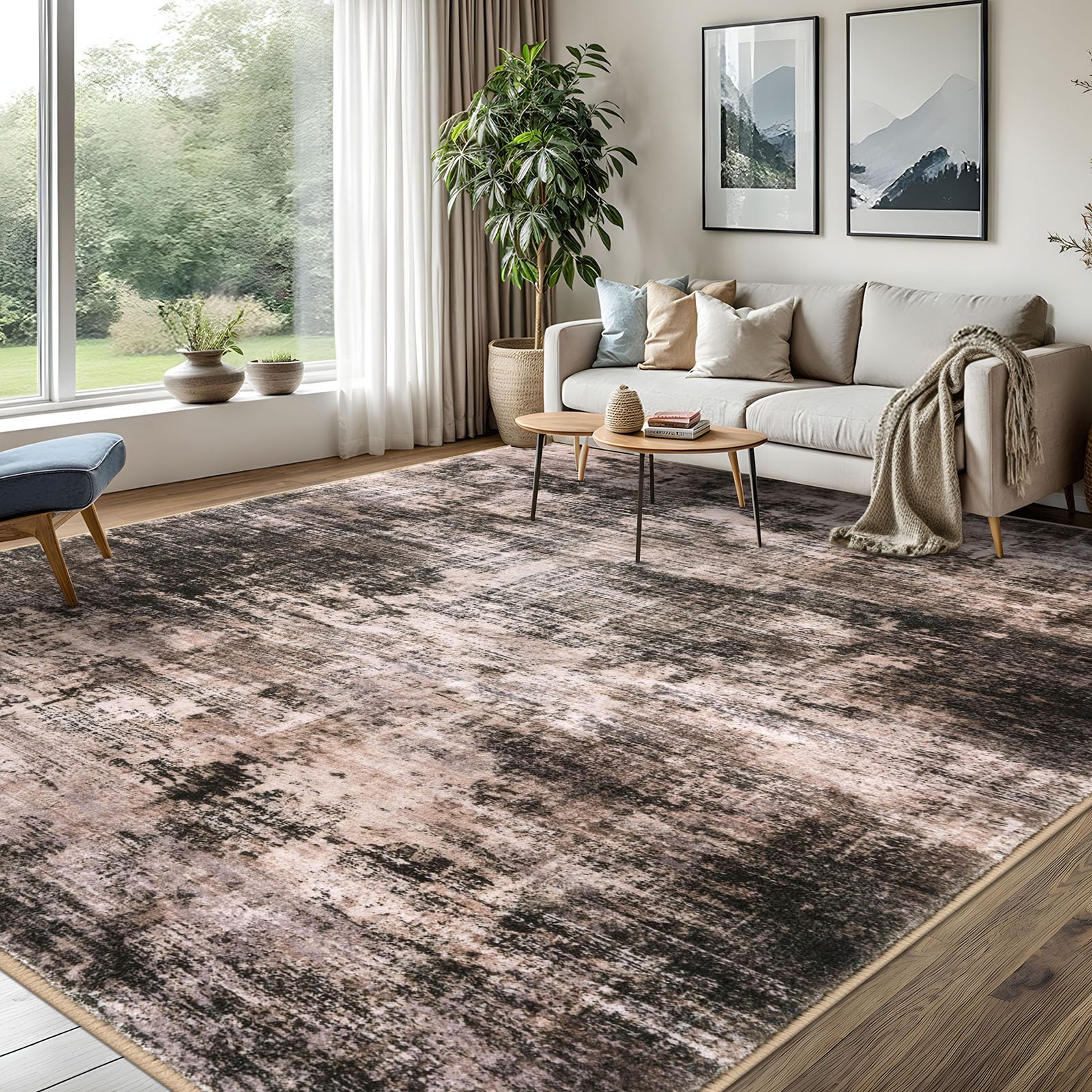 iohouze abstract area rugs 8x10 ft washable large rugs for living room, non slip dining room rug, printed faux wool rugs for bedroom, floor carpet for office nursery playroom, brown/rust