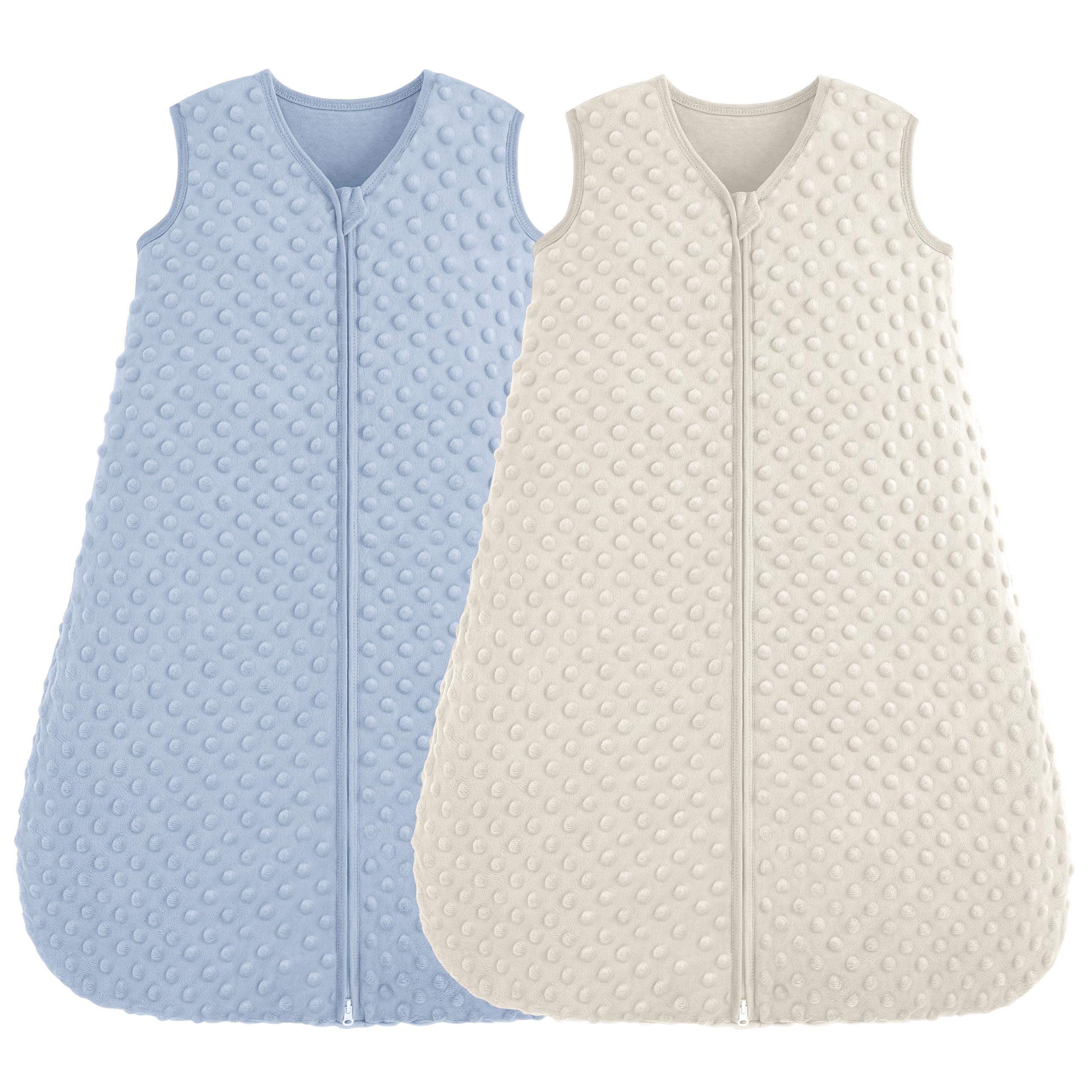 FIEMOL Schlafsack Baby 12-18 Monate 1.5 Tog, Neugeborene Schlafsack Herbst mit Plüsch Punkte, Weiche Winter Schlummersack Baumwolle, Baby Tragedecke Blau&Aprikose 2er Pack 84cm