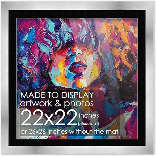Marco de madera plateada de 22 x 22 pulgadas con paspartú negro, marco de 26 x 26 pulgadas, mate a 22 x 22 pulgadas, exhibe tu póster bajo la parte