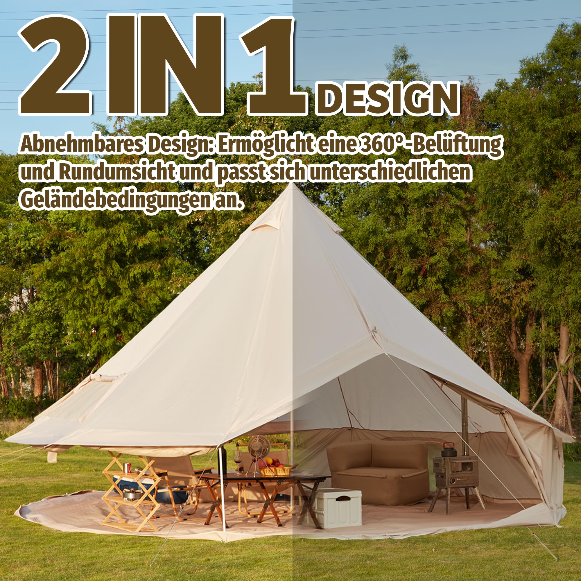 3 m / 4 m / 5 m Glockenzelt,4-Jahreszeiten Glamping Jurte für Camping, mit Ofendurchführung, Aufbewahrungstaschen, Dachfenster, Dachlüftungen, Netzfenstern