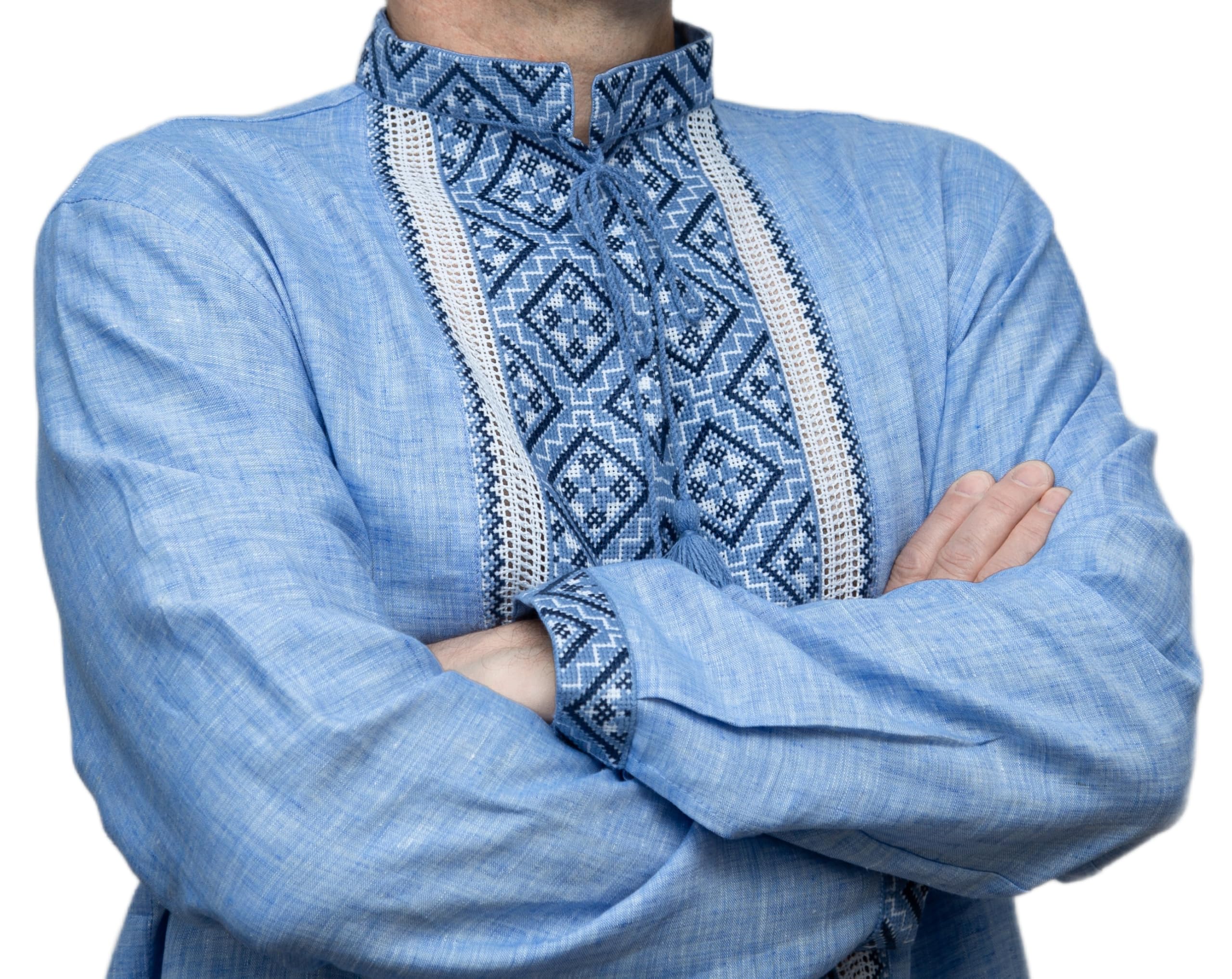 Vyshyvanka Men's Ukrainian Blue Linen Hand Cross-Stitched Embroidery XL