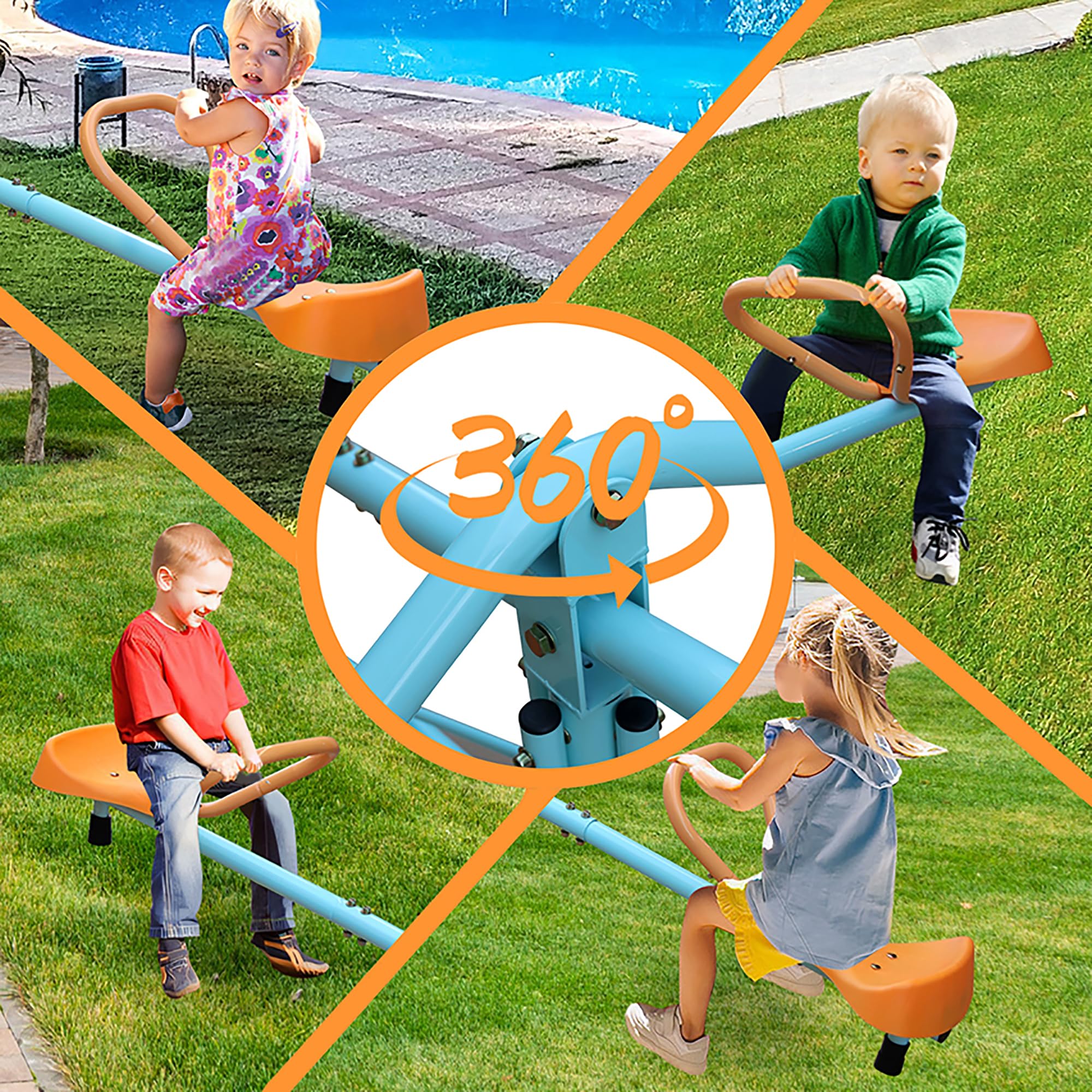 4 Sitzer Wippgerät Kinder 182.88 cm XXL Outdoor Spielzeug mit Rückenlehne und Sicherheitsgriffen Blau Orange Robustes Metallgestell bis 45 kg pro Sitz Garten Terrasse Kindergarten