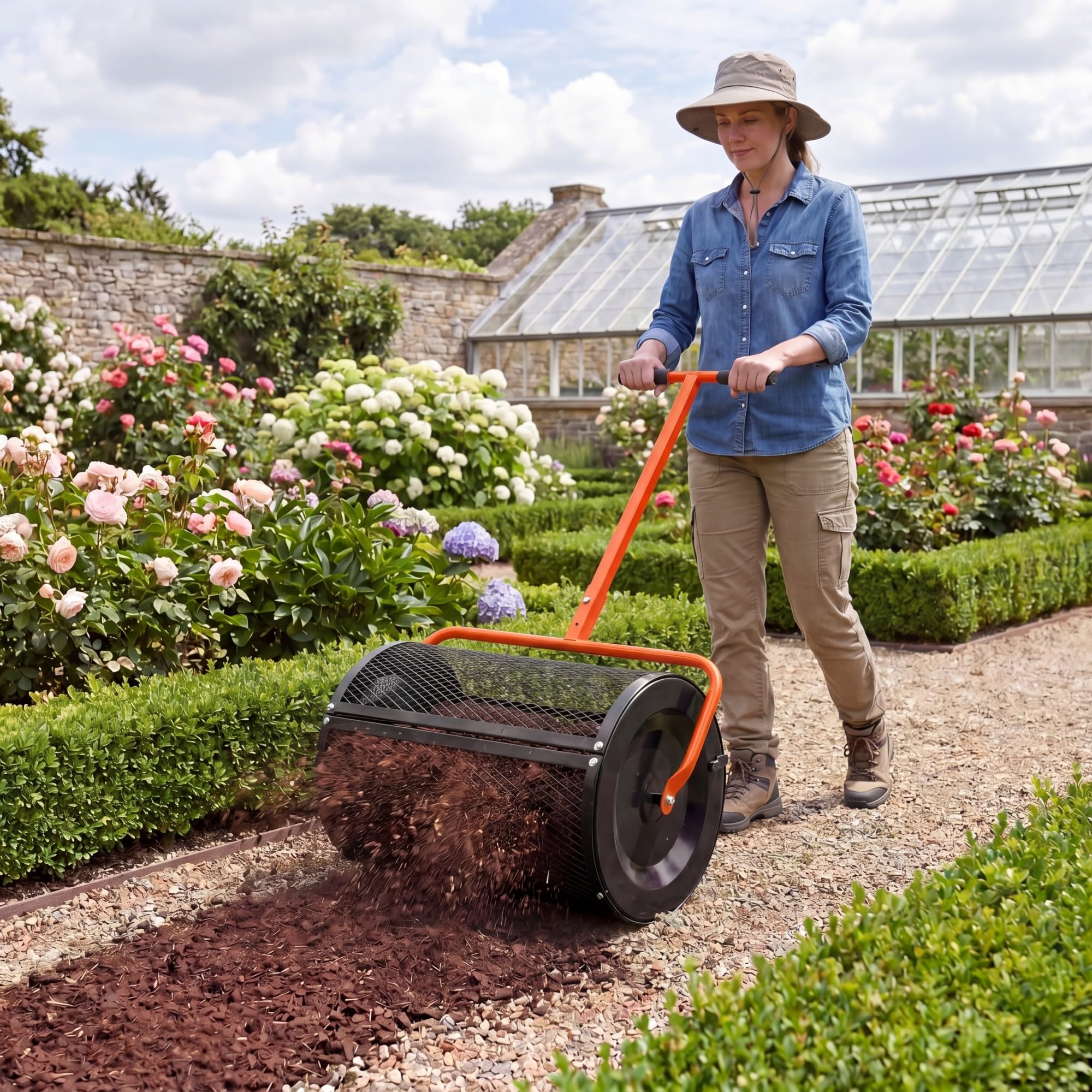 HOMASIS Spandiconcime a Rullo, Rullo da Giardino con Rete Metallica e Manico Regolabile in Altezza, Spanditore per Compost con Chiusure Laterali e Perno a Apertura a B per Cortile e Prato (Arancione)