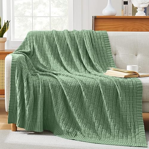 Miniatura 2 de TREELY Manta de punto 100% algodón para sofá (50 x 60 pulgadas, verde salvia oscuro)