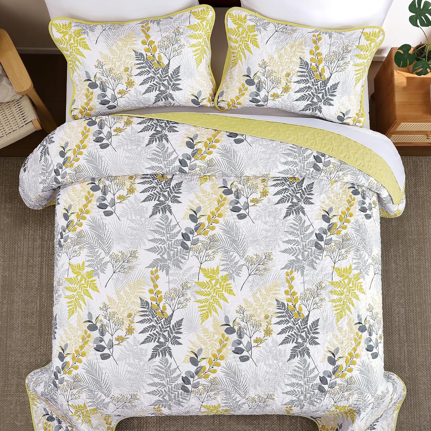 WONGS BEDDING Botanical Quilt Set Queen Size,Yellow Quilt with Colorful Leaves Pattern, 3 Pieces Soft Lightweight Microfiber Coverlet Set with 2 Pillowcases for All Season (Yellow Grey)