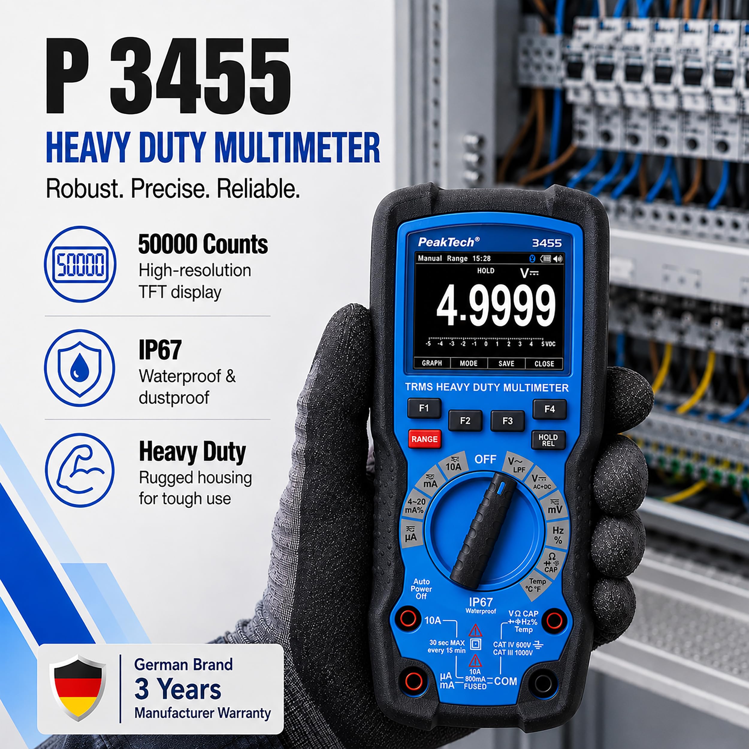 PeakTech 3455 True RMS Multimètre 50 000 comptes CAT III 1000 V IP67 TFT BT