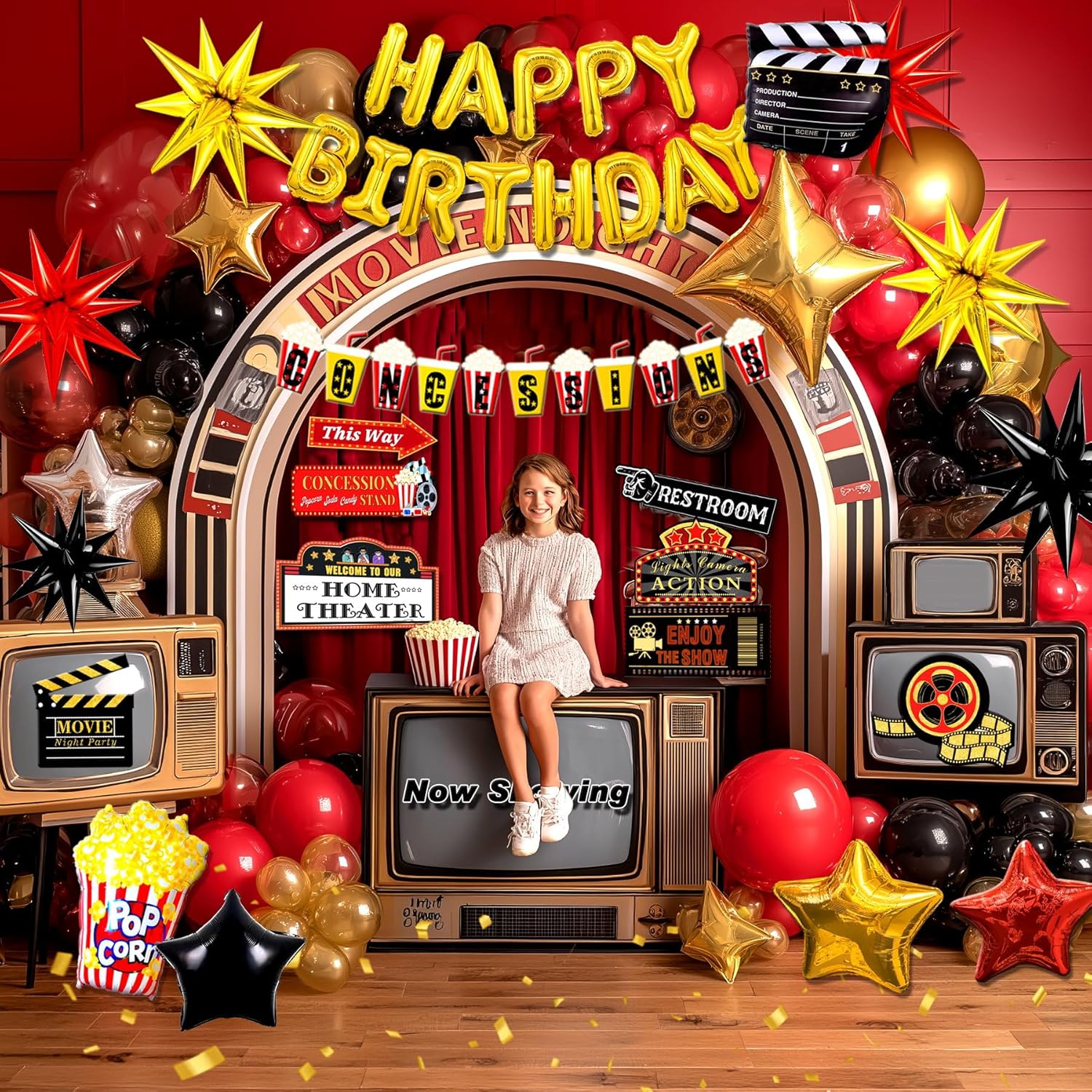 150pcs Movie Themed Birthday Party Decorations, Movie Night Birthday Decorations, Movie Theater Bday Decor Balloons Arch, Now Showing Popcorn Concessions Banner, Foil Balloons