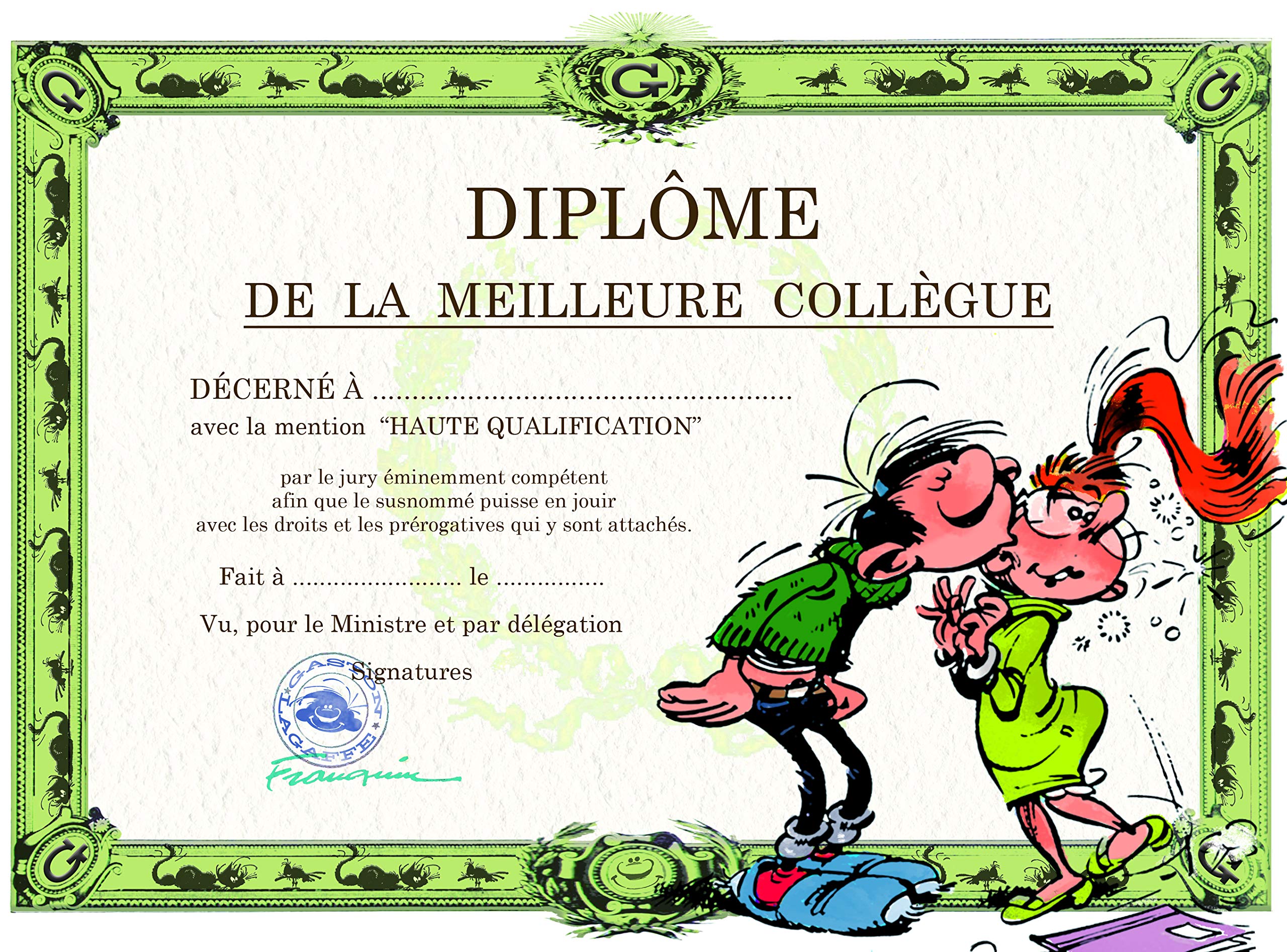 Gaston Lagaffe Diploma Card of The Best Collegement- Friend Bise Mlle Mademoiselle Jeanne Belle Robe - for Girl Woman