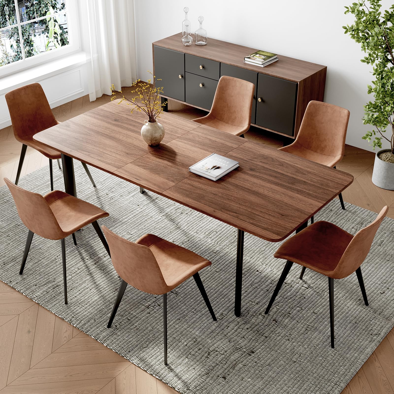63"- 78.7" Extendable Dining Table Set for 6, Modern Kitchen Table with 6 Dining Chairs, Thickened Expandable Wooden Table with Metal Legs for Dining Room, Kitchen Walnut Table +6 Brown Chairs Walnut Table