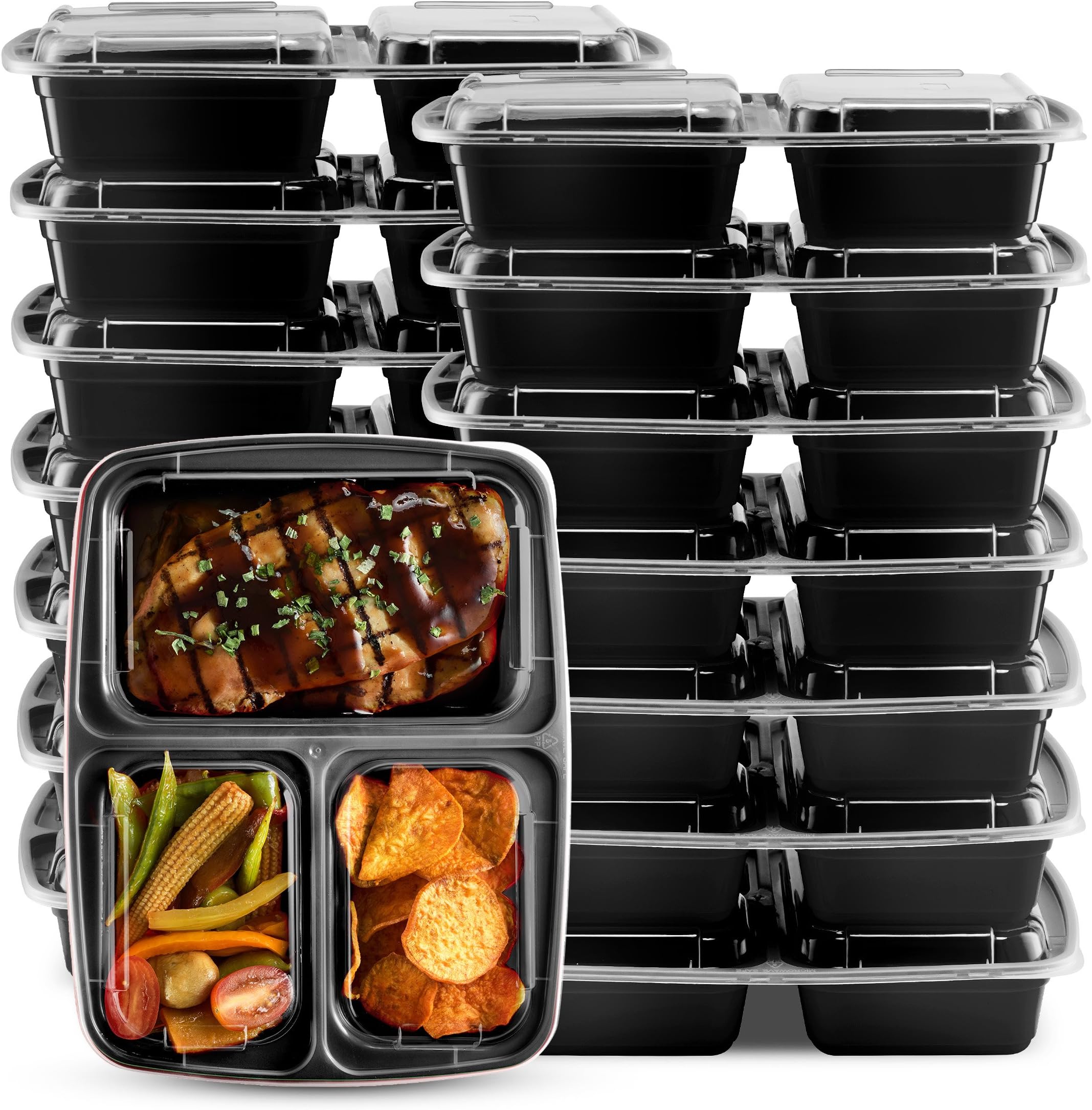 3 Compartment Portion Control Lunch Box and Food Storage Container Set -Black- 10 Pack