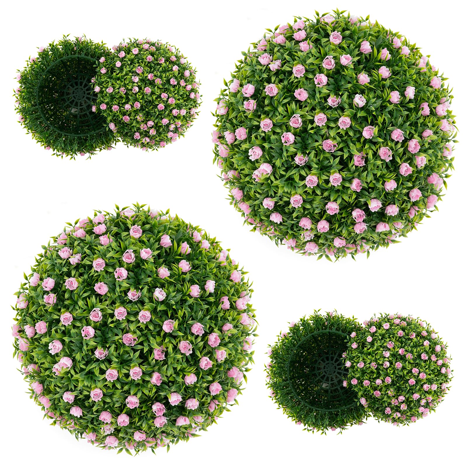COSTWAY Juego de 2 Bolas de Topiario Artificiales, 37 cm Bolas Decorativas Falsas con Flores Rosas, Esfera de Jardín Interior y Exterior con Protección Solar para Patio, Porche, Hogar, Césped y Bodas