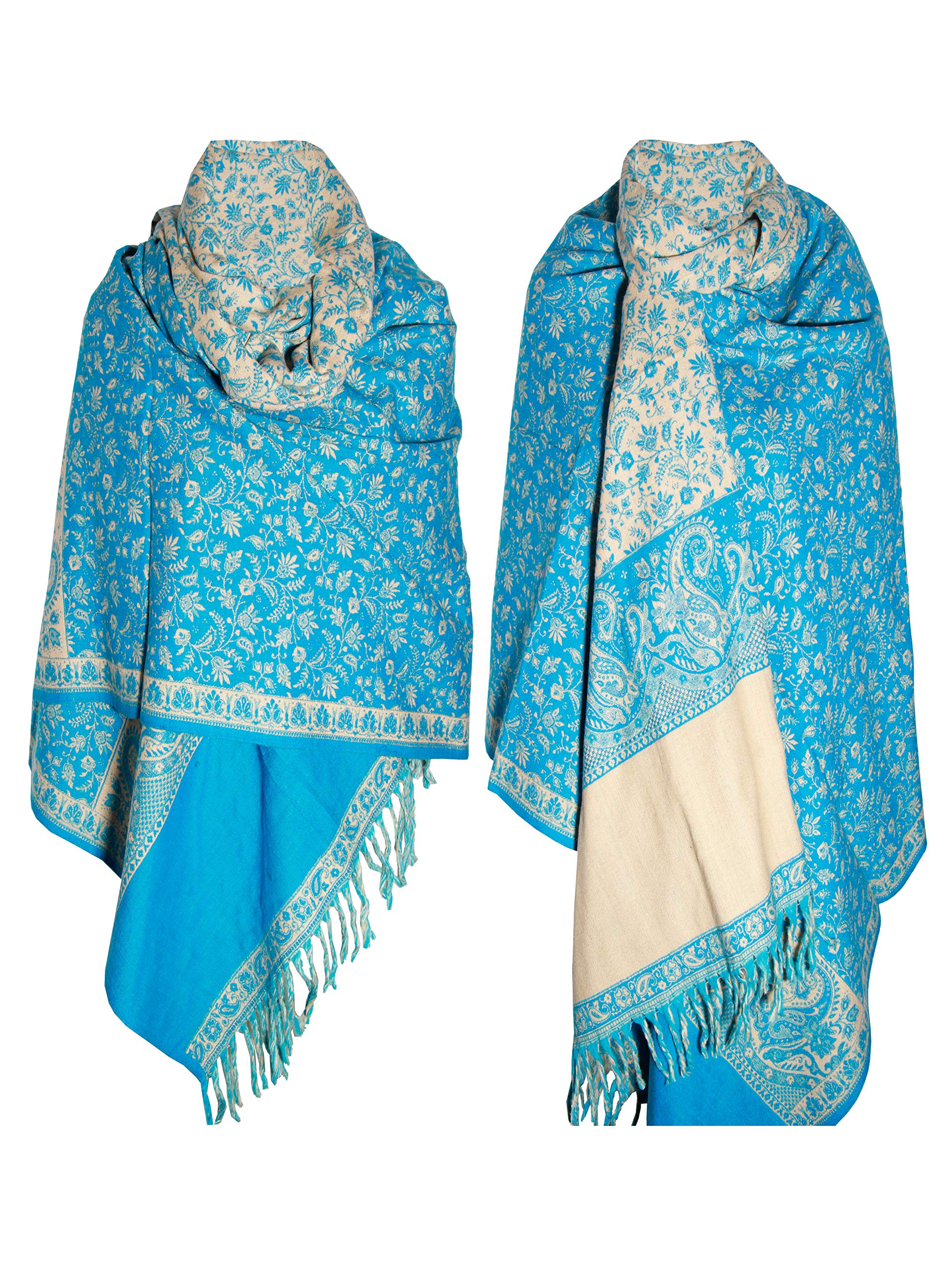 Winterschal / Schal aus reiner Yakwolle, doppelseitig, Himmelblau / Beige