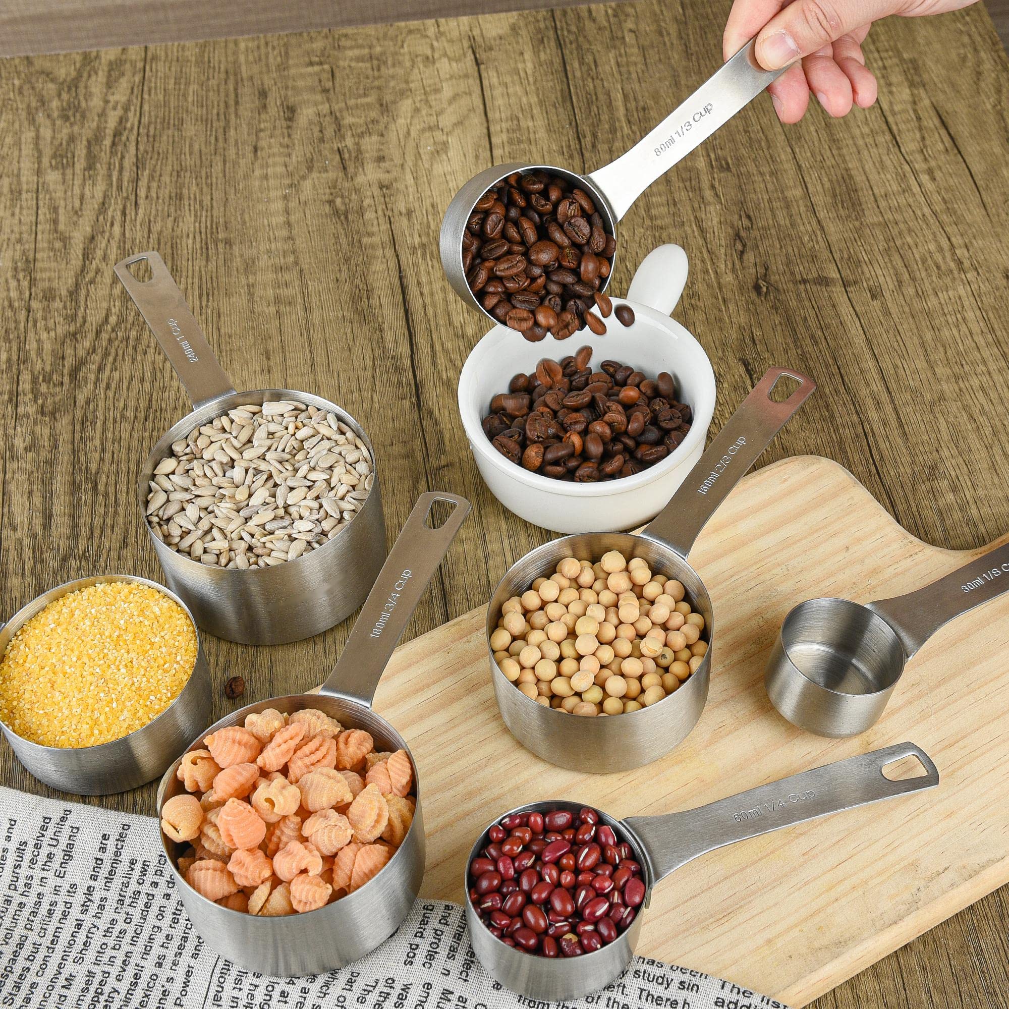 Messbecher und Löffel Set, 18/8 Edelstahl 7 Messbecher und 8 Messlöffel mit Nivellierer, Küchenmessbecher Löffel, Schwerlast Backen Messbecher Löffel, 16 Stück
