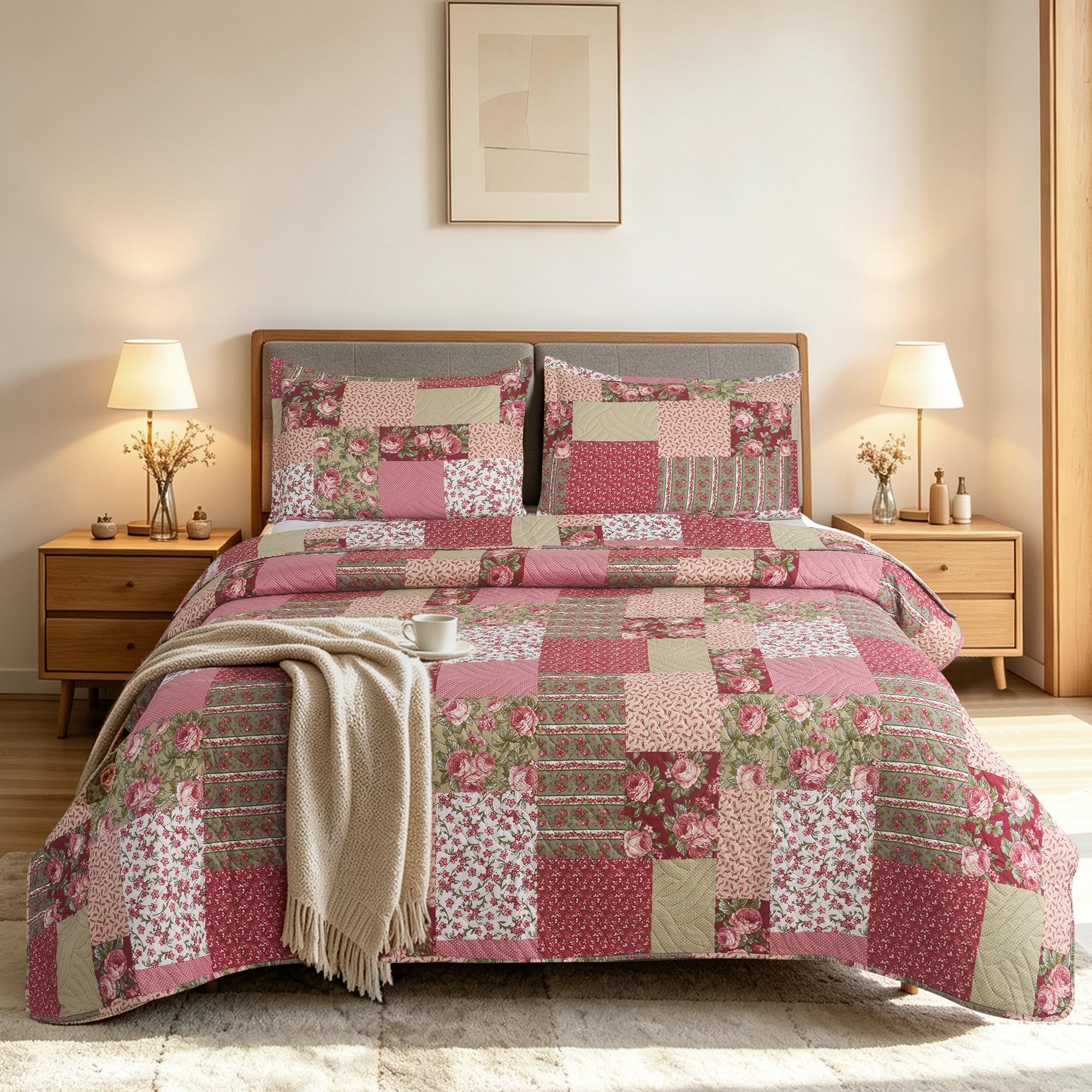 Hadi London 3Pcs Patchwork Quilted Bedspreads with 2 Shams | Reversible Floral Print | Lightweight Quilt Comfort | Fits Double and King Size Beds 220x240cm | 30 Unique Designs