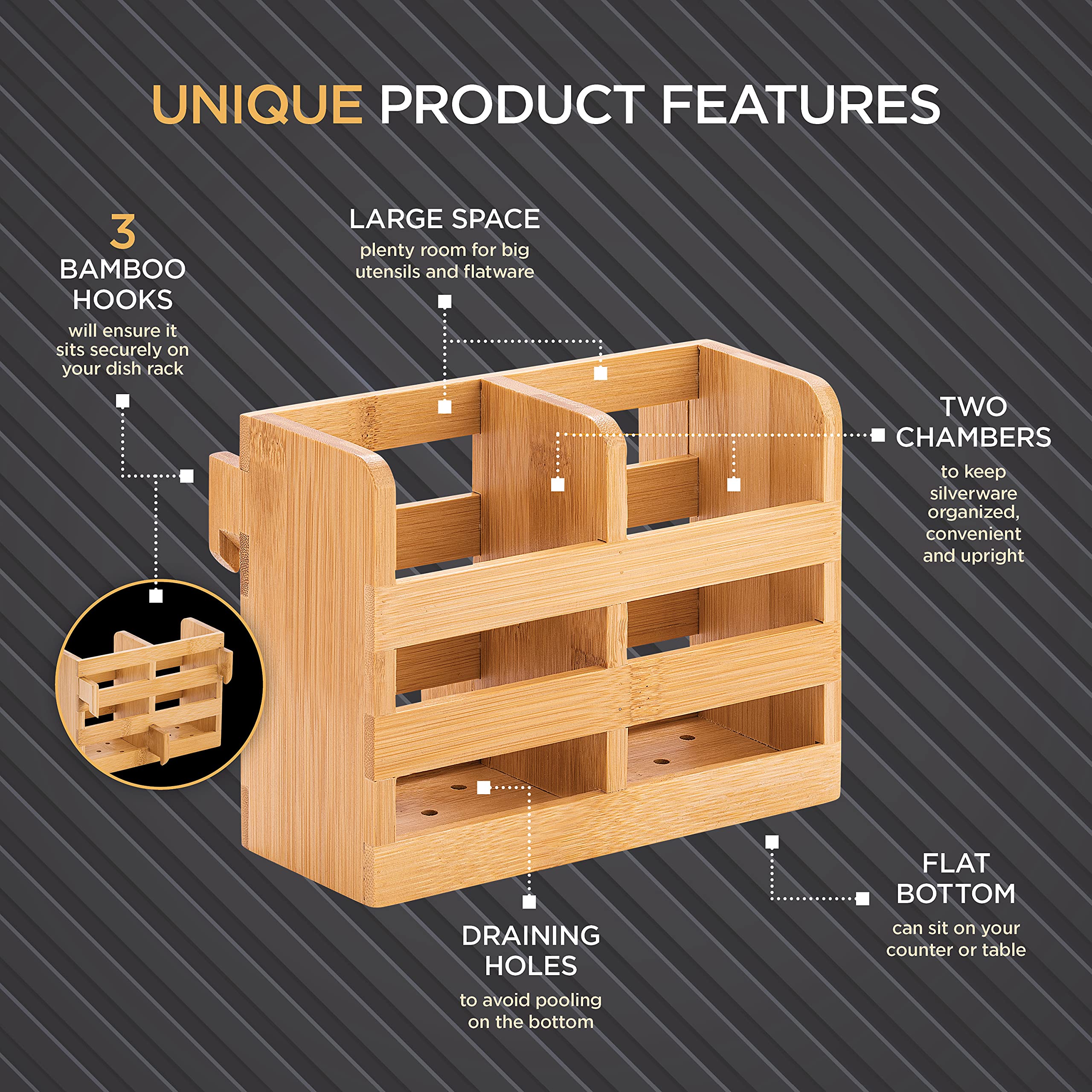 Bambüsi Soporte para utensilios de bambú para escurridor de platos, cubertería y utensilios, se adapta a estantes de secado de platos de bambú, natural