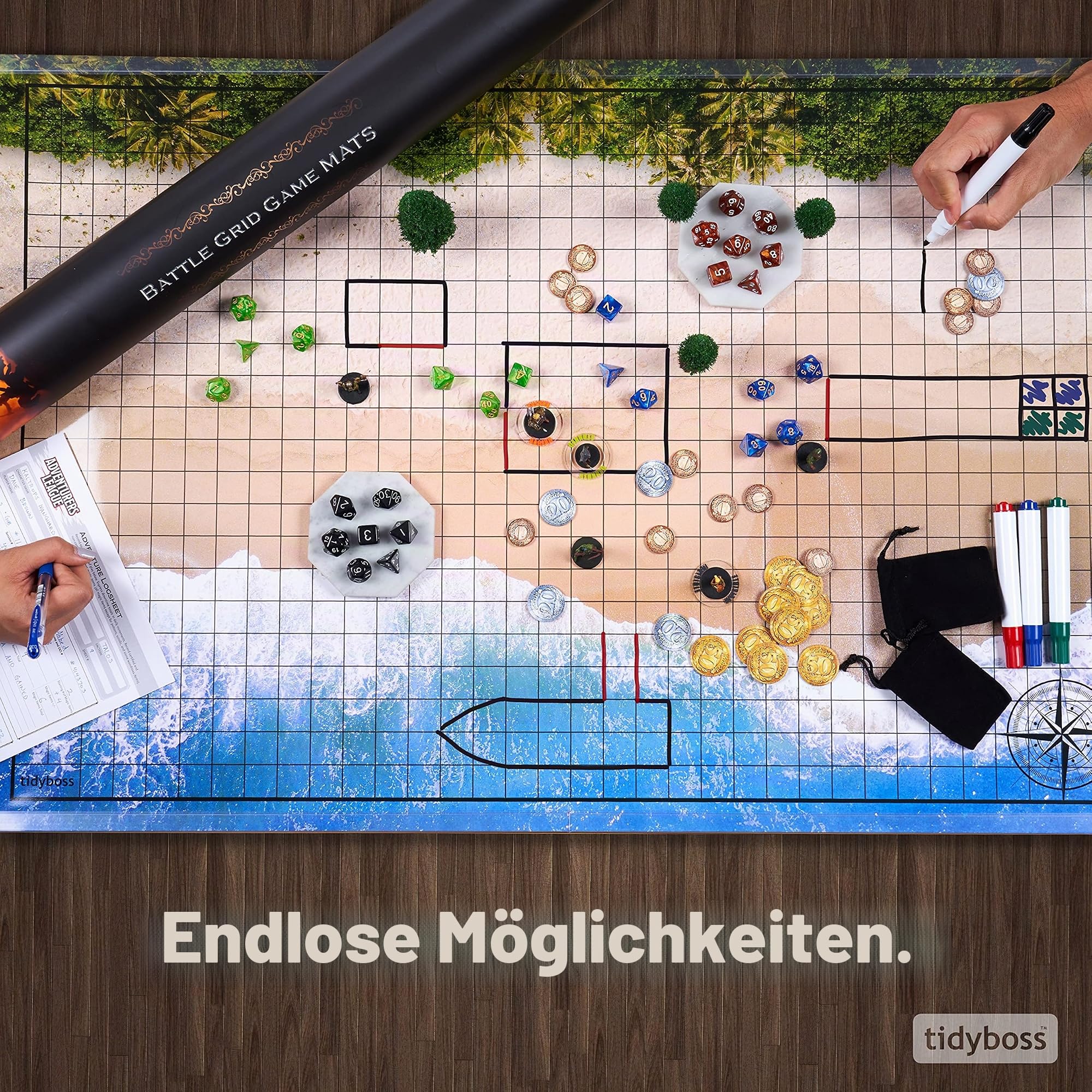 Tidyboss d&d Starter-Set, 2 x doppelseitige 4 Gelände, 24 x 36 Spielgitter-Matte, DND-Zubehör inklusive trocken abwischbaren Markern, Radiergummi und Clips