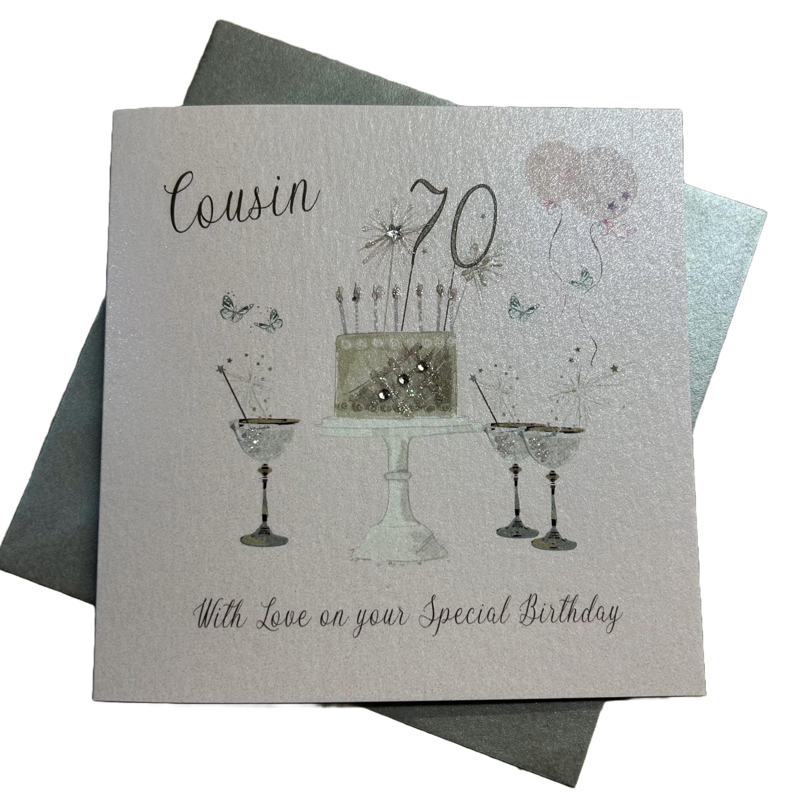 WHITE COTTON CARDS Happy 70th Birthday Card Cousin Champagne Glasses Pink & Gold Sparkly Cake SS42-C70