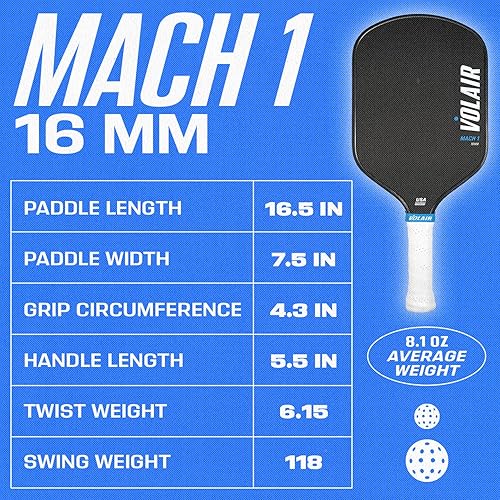 Miniatura 4 de Volair Paleta de pickleball Mach 1 - Increíble giro, control y potencia - Superficie de fibra de carbono Toray T700 - Panal de polipropileno -