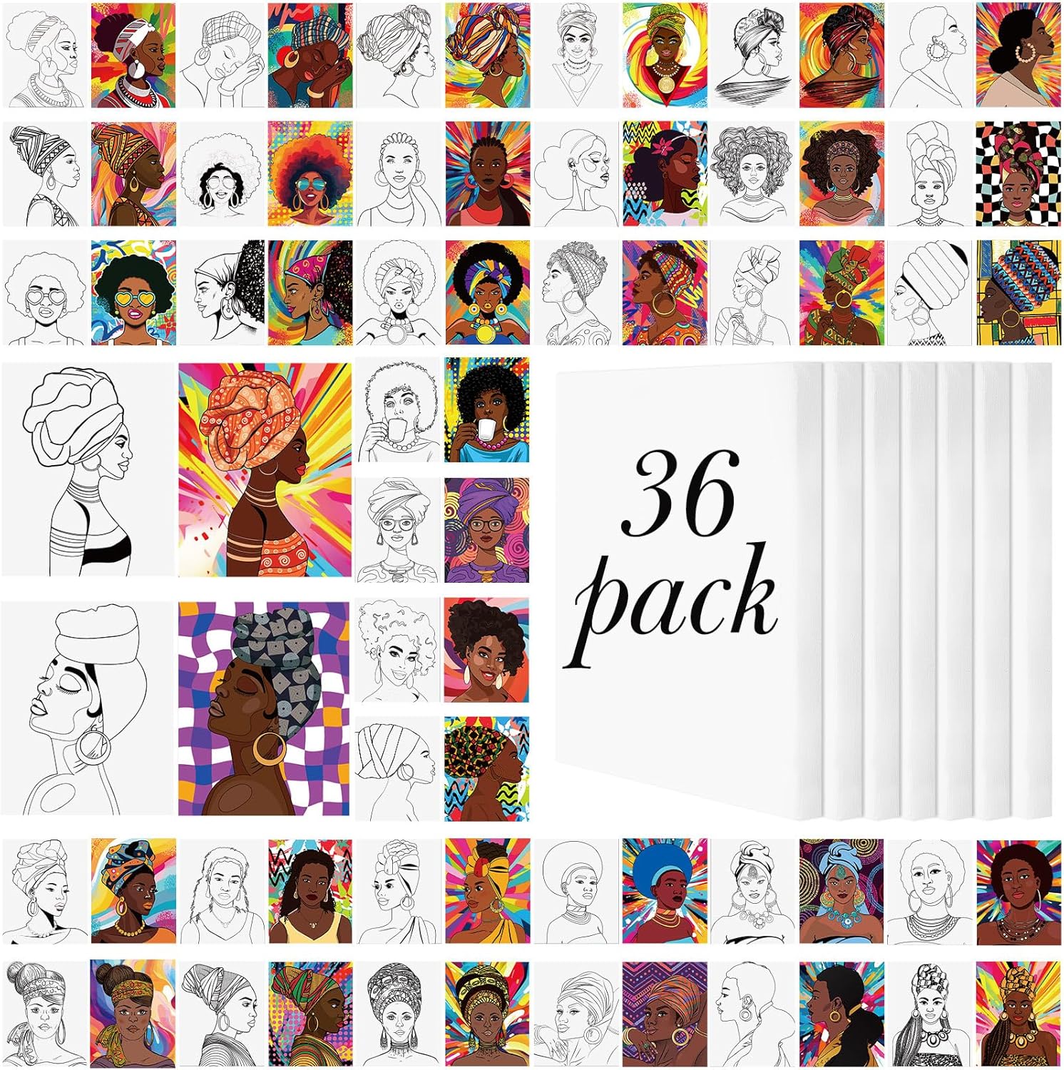 Harloon 36 Pcs Afro Queen Canvas for Painting Pre Drawn