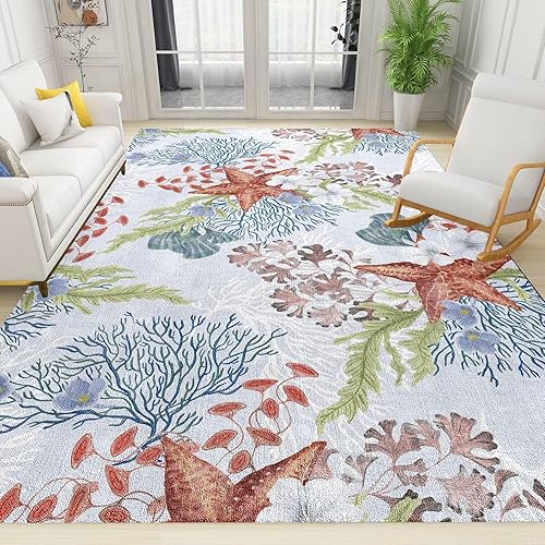 Alfombra costera contemporánea con estampado coral de estrella de mar, alfombra antideslizante para interiores para sala de estar, dormitorio,