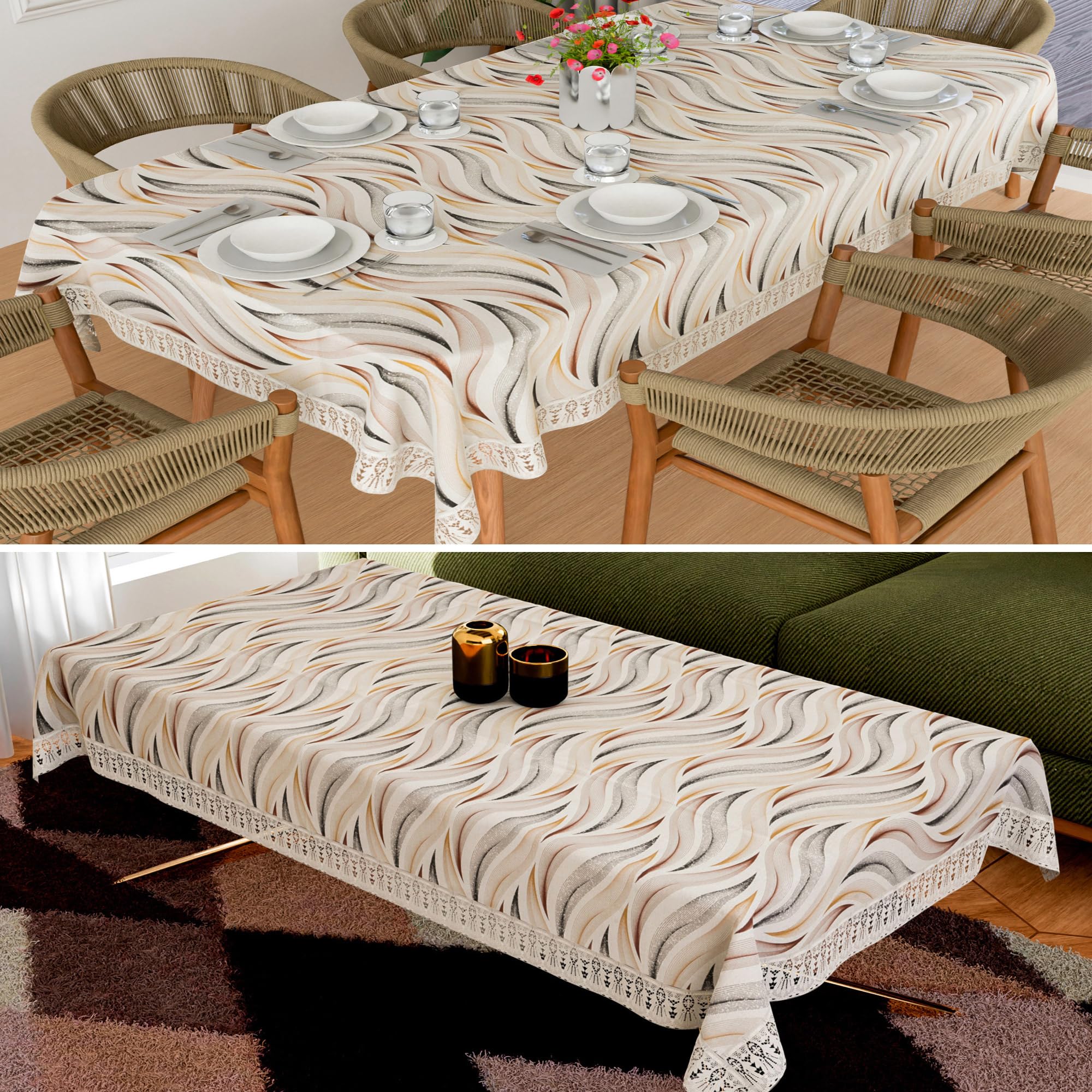 Kuber Industries Center & Dining Table Cover Set | Table Protector Cover for Dining & Center Table | Center & Dining Table Cover Combo Set | Wave Print | Cream