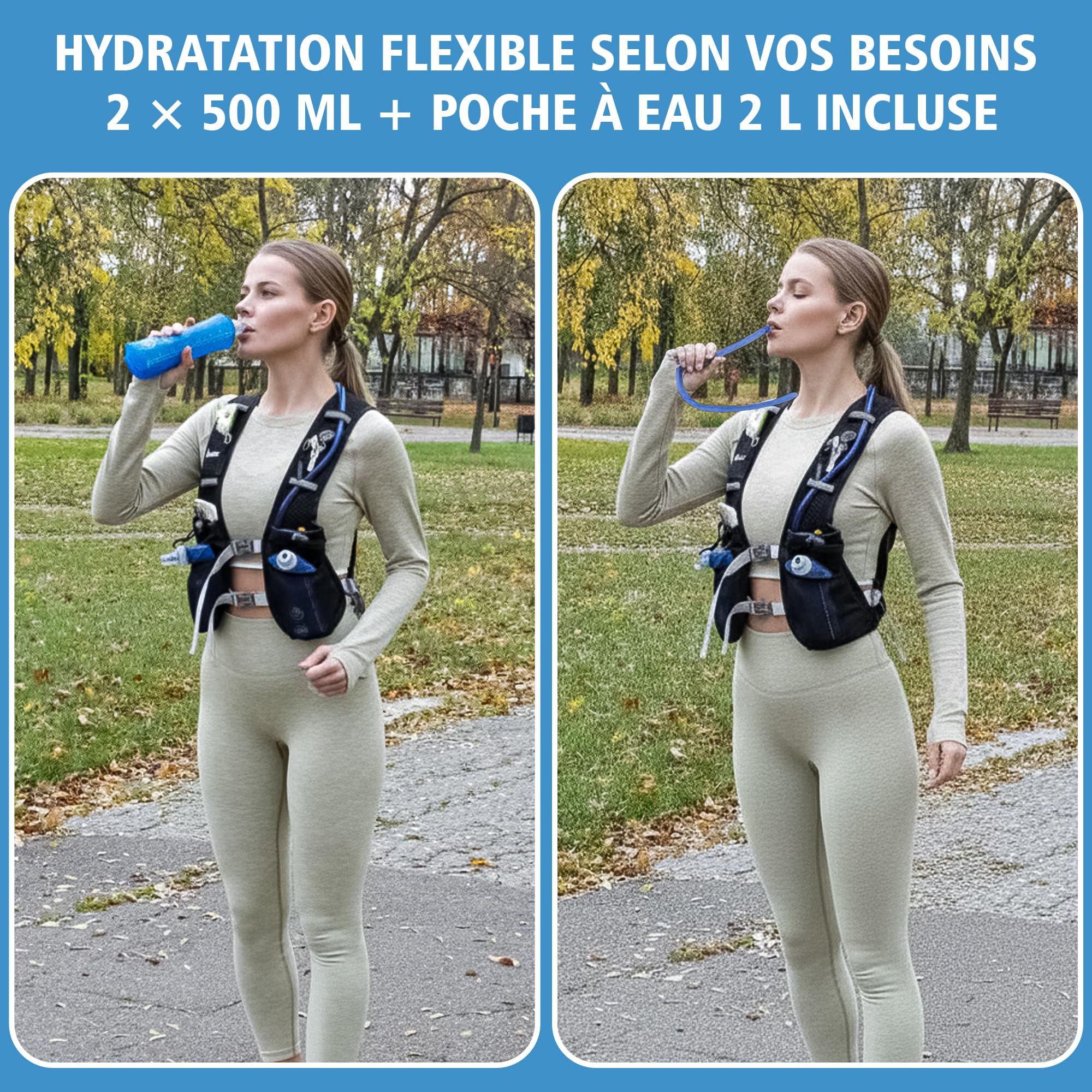 Gilet Hydratation Running – Veste Running Homme/Femme Ultra-Légère avec 2× Gourdes 500 ML + Poche à Eau 2 L – Gilet Trail, Course à Pied, Sac Hydratation Running Ajustable et Respirant