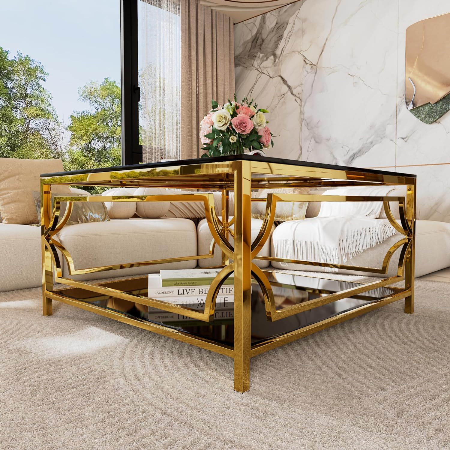 Square Glass Coffee Table Modern Living Room Table, Luxurious Geometric Metal Frame with Black Tempered Glass Top Lower Shelf, 33.5" Sofa Center Table for Home Office, Black