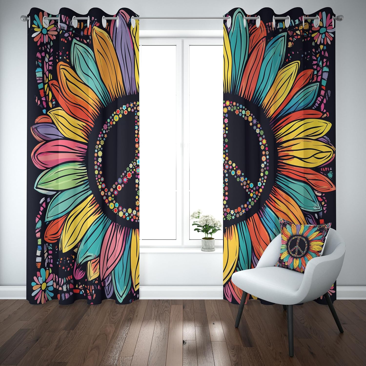 Floral Peace Sign Grommet Curtains 2 Panels Set, Groovy Peace Symbol Blackout Curtains 54 Inch Long Thermal Insulated, Vintage Hippie Drapes for Living Room Bedroom Office Window Decorative