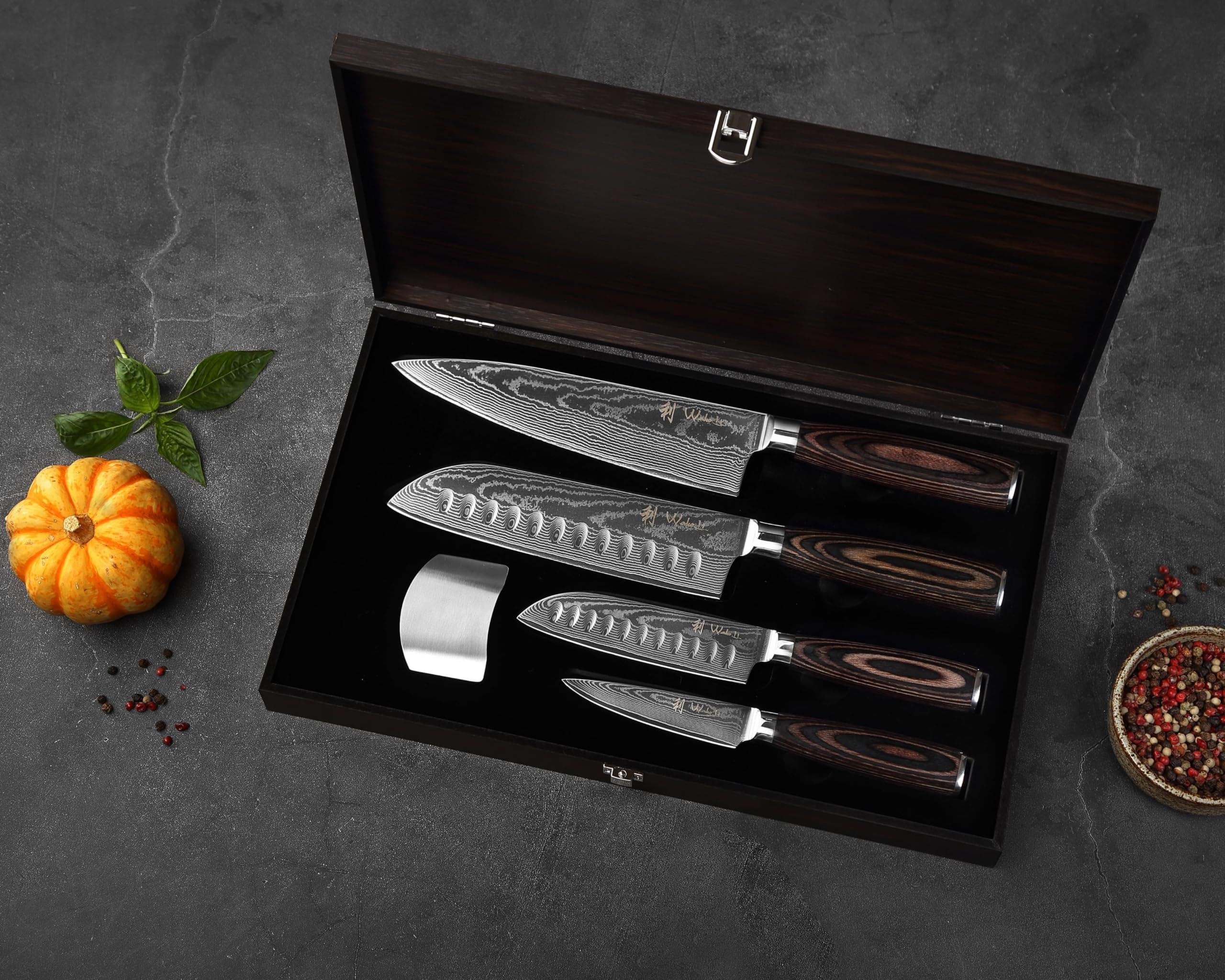 Wakoli EDIB Essentials Scharfes Damast Küchenmesser Messerset - Chefmesser, Santoku & Gemüsemesser - Kochmesser aus 67 Lagen Damaststahl VG10 Kern 60±1 HRC - Pakkaholzgriff - Küchen Messer in Holzbox
