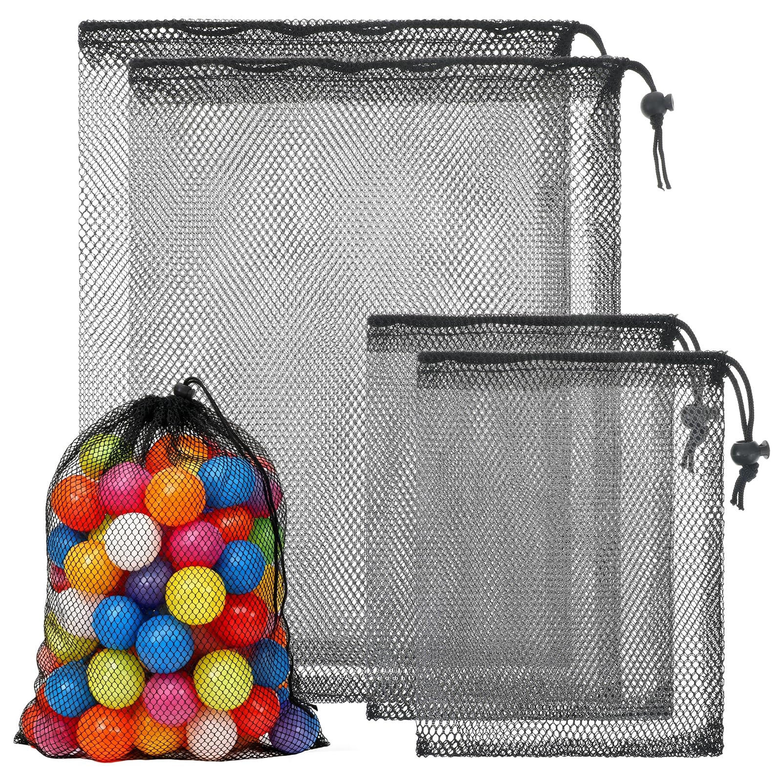4 PCS Mesh Drawstring Bag, Black Nylon Golf Ball Storage Mesh Bags, Multipurpose Storage Bags for Collecting Half Balls, Tennis, Toys, Beach, Sports Gym, Travel