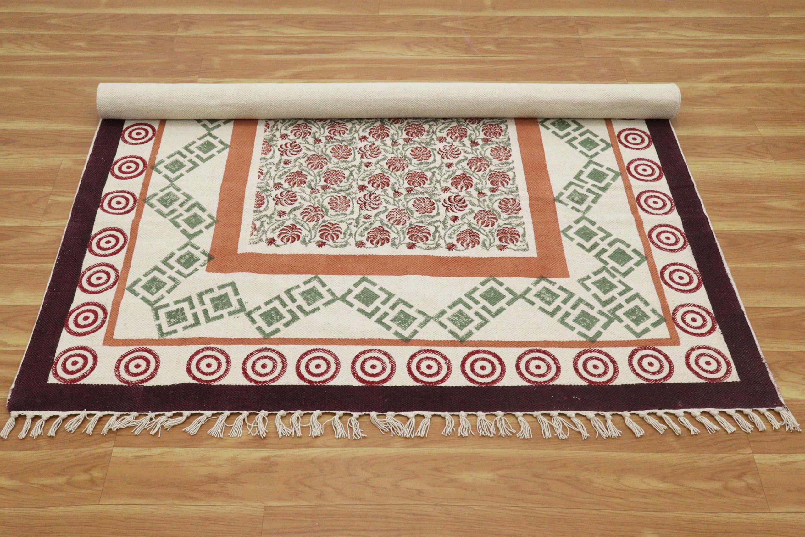 Bawełniany dywanik z nadrukiem blokowym ręcznie 15 x 20 cm mata kilimowa płaski splot kasztanowy pomarańczowy współczesny design kamień łatwy do prania gruby 0,5 cm ręcznie tkany dywanik do wnętrz na