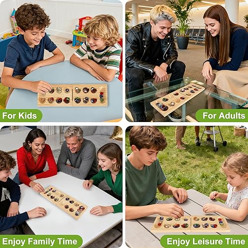 Miniatura 2 de Mancala - Juego de mesa plegable de madera con 48 piedras de cristal coloridas, juegos de viaje portátiles para niños y adultos, juego clásico de