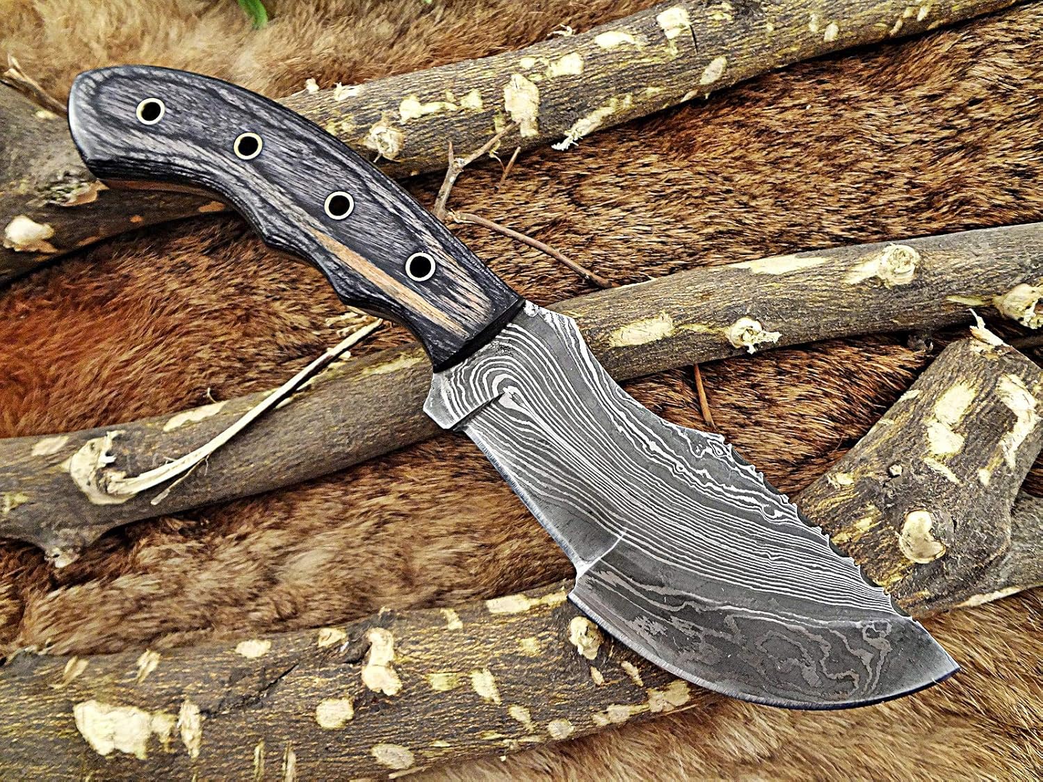 9.5" Long Damascus Steel Tracker Knife Hand Forged Twist Pattern Full Tang, Natural Rose Wood Scale with Scale, Cow Hide Leather Sheath with Belt Loop