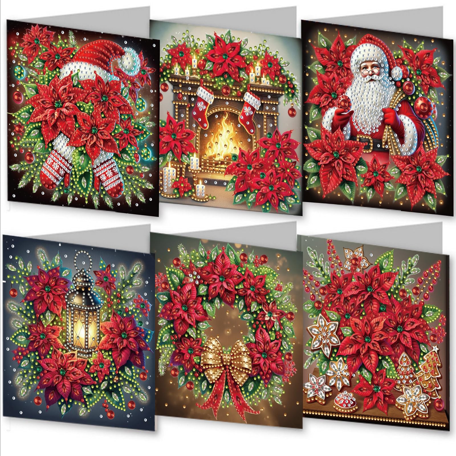 AYUCHYN ART 6 Pack Mixed Greeting Cards Poinsettia | 5D DIY Diamond Painting Crystal Art Cards Making Kit with Envelopes & Full Tools | Xmas Cards Gift Postcards for Handmade 30×15cm (Poinsettia)