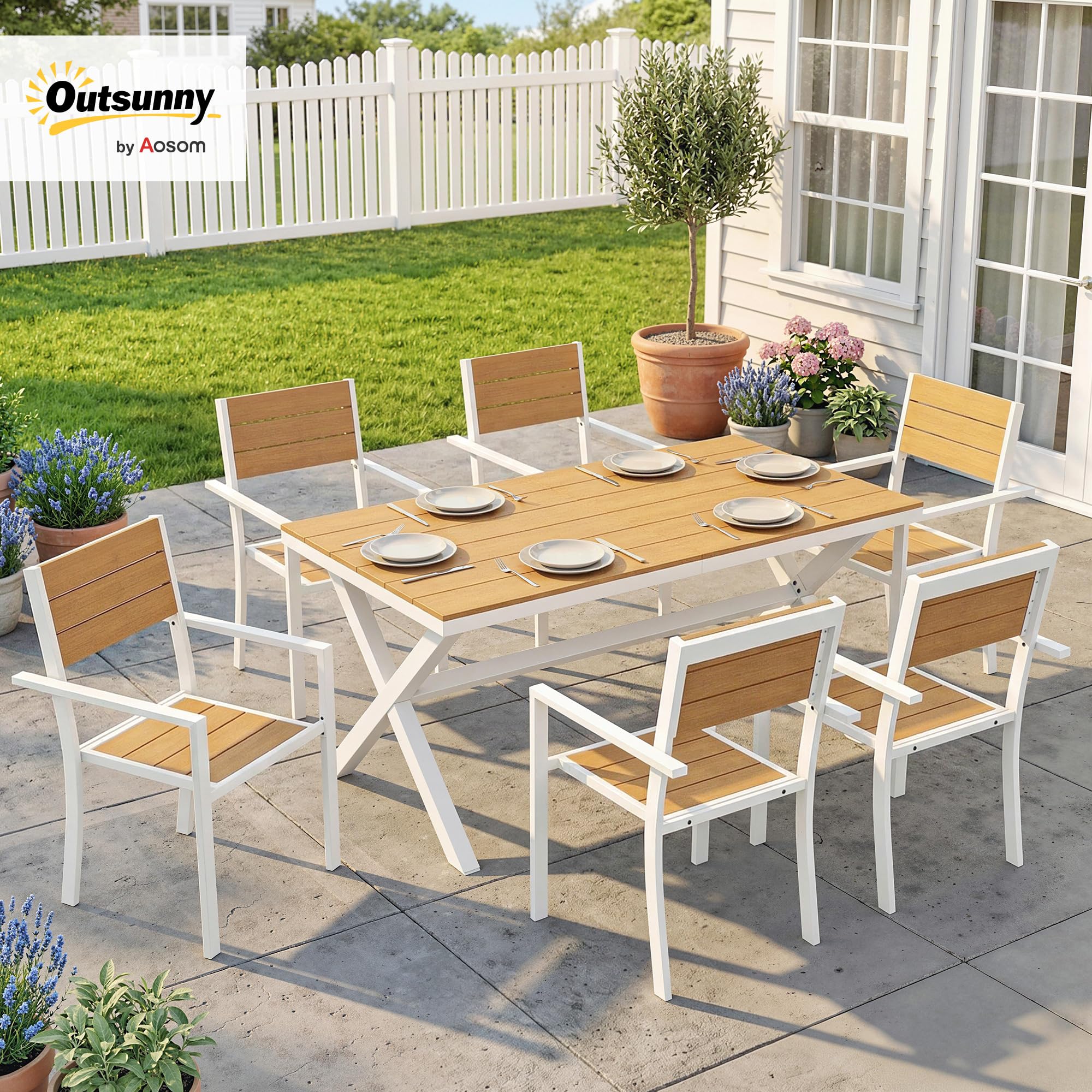 Outsunny Set Tavolo e Sedie da Giardino 7 Pezzi, Alluminio, 6 Sedie Impilabili, Tavolo Effetto Legno, Teak