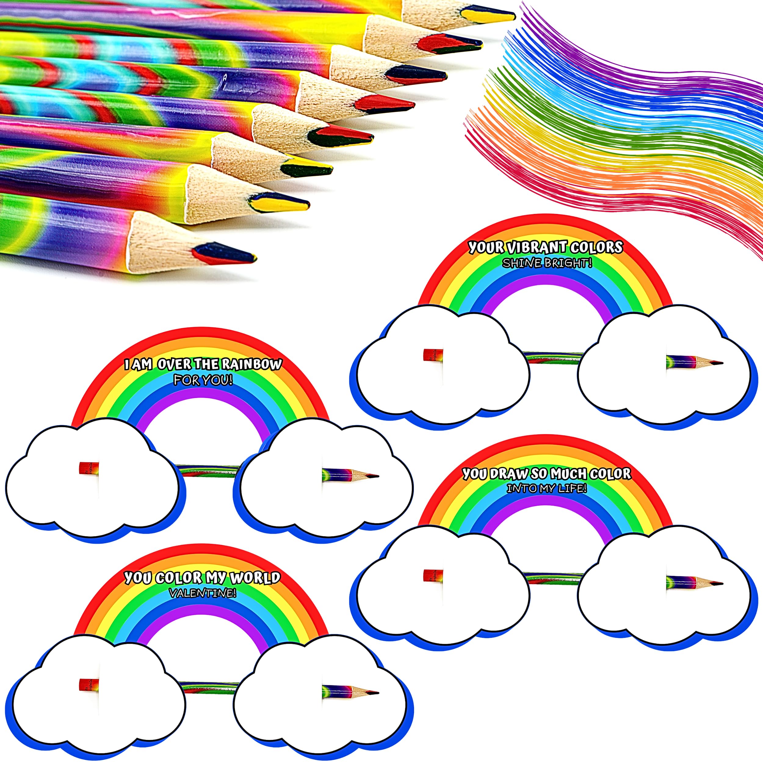 4E's Novelty 36 Packs Valentines Day Rainbow Coloring Pencils and Valentines Cards Set Valentines Gifts for Kids Classroom Exchange Handouts Prizes