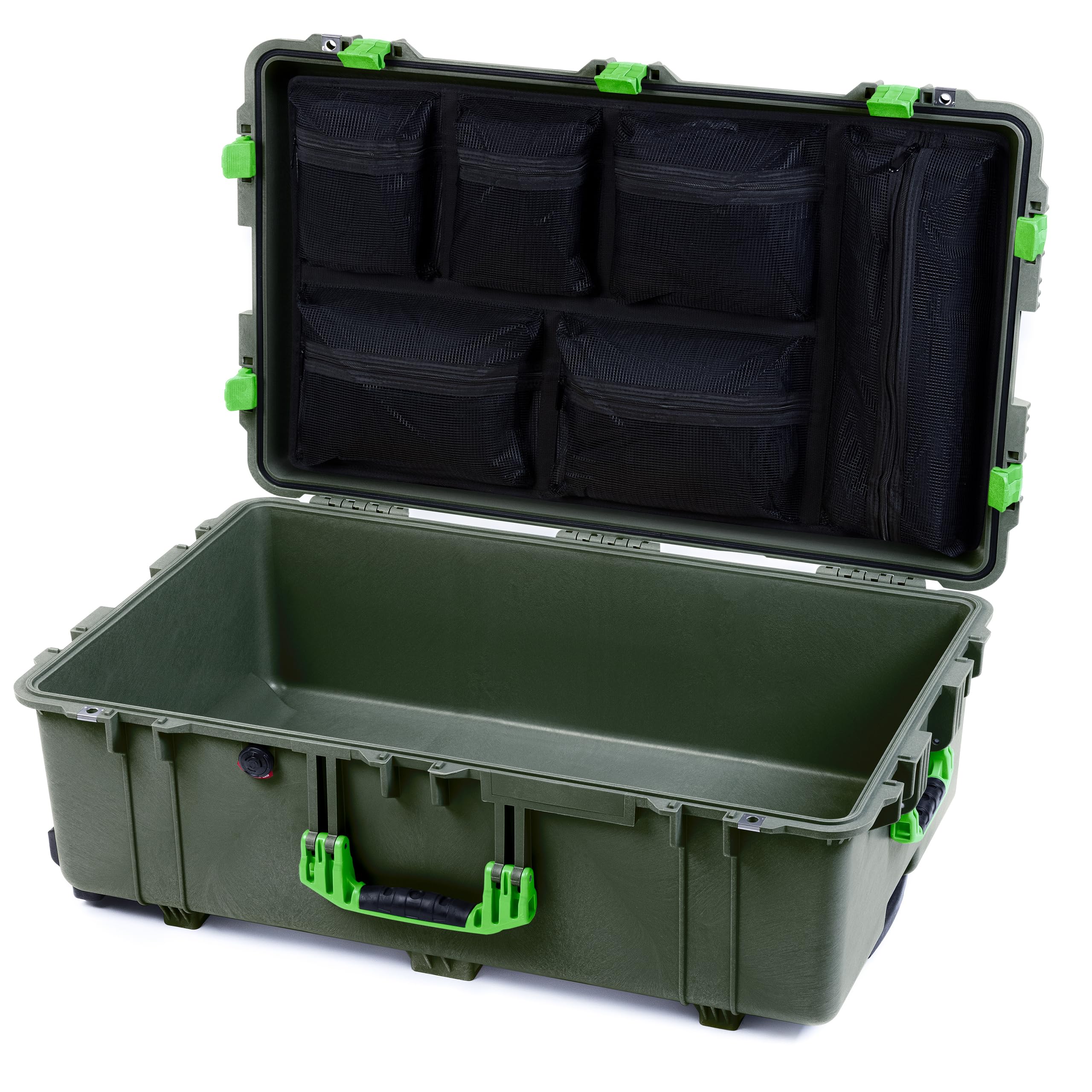 Pelican 1650 Case by ColorCase - OD Green - Large Sized Waterproof Rolling Case with Mesh Lid Organizer - Lime Green Handles & Latches