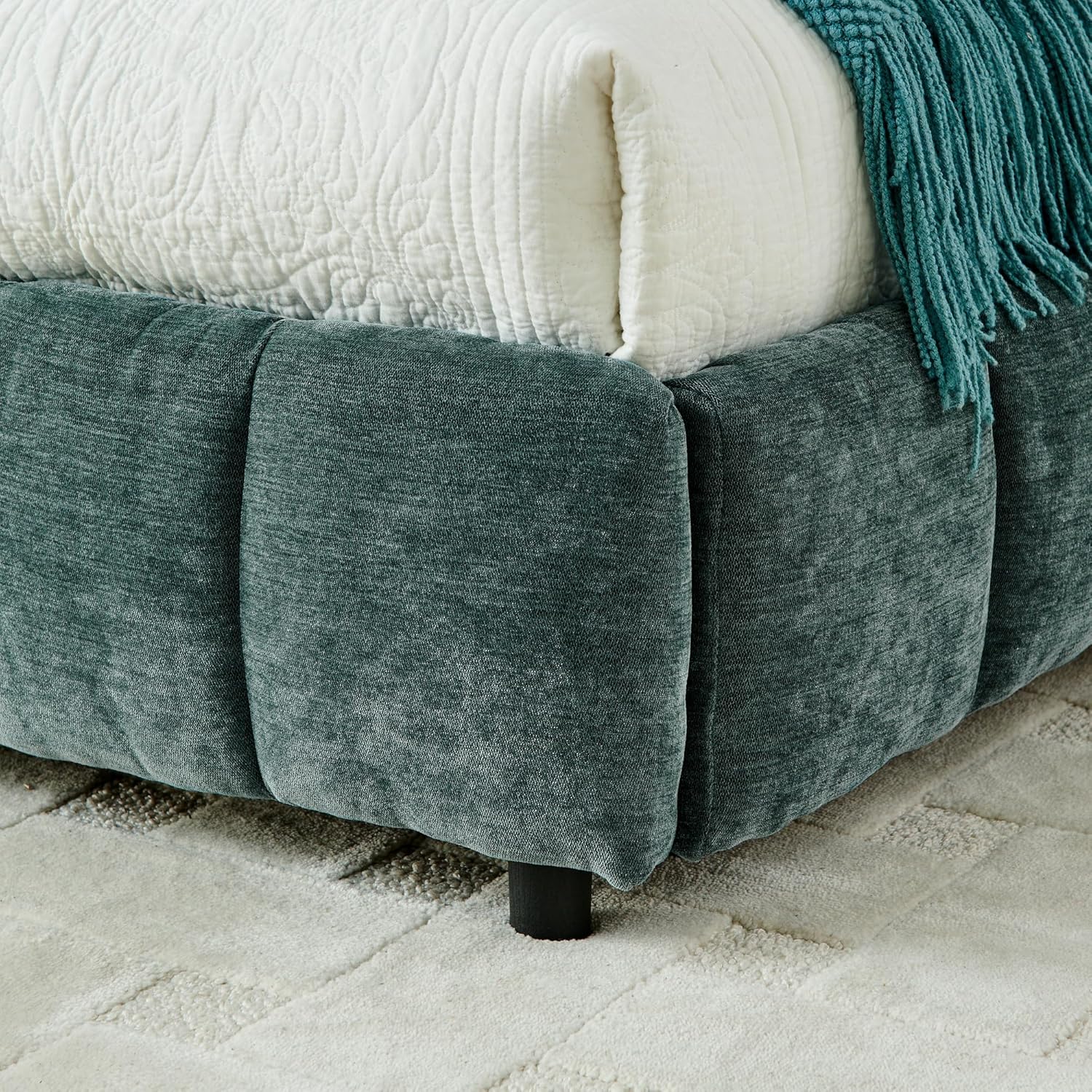 Upholstered Platform Bed Frame, Low Profile Chenille Bed with Headboard, Modern Solid Frame, No Box Spring Needed, Easy Assembly (Blue Green with 4 Drawers, California King)