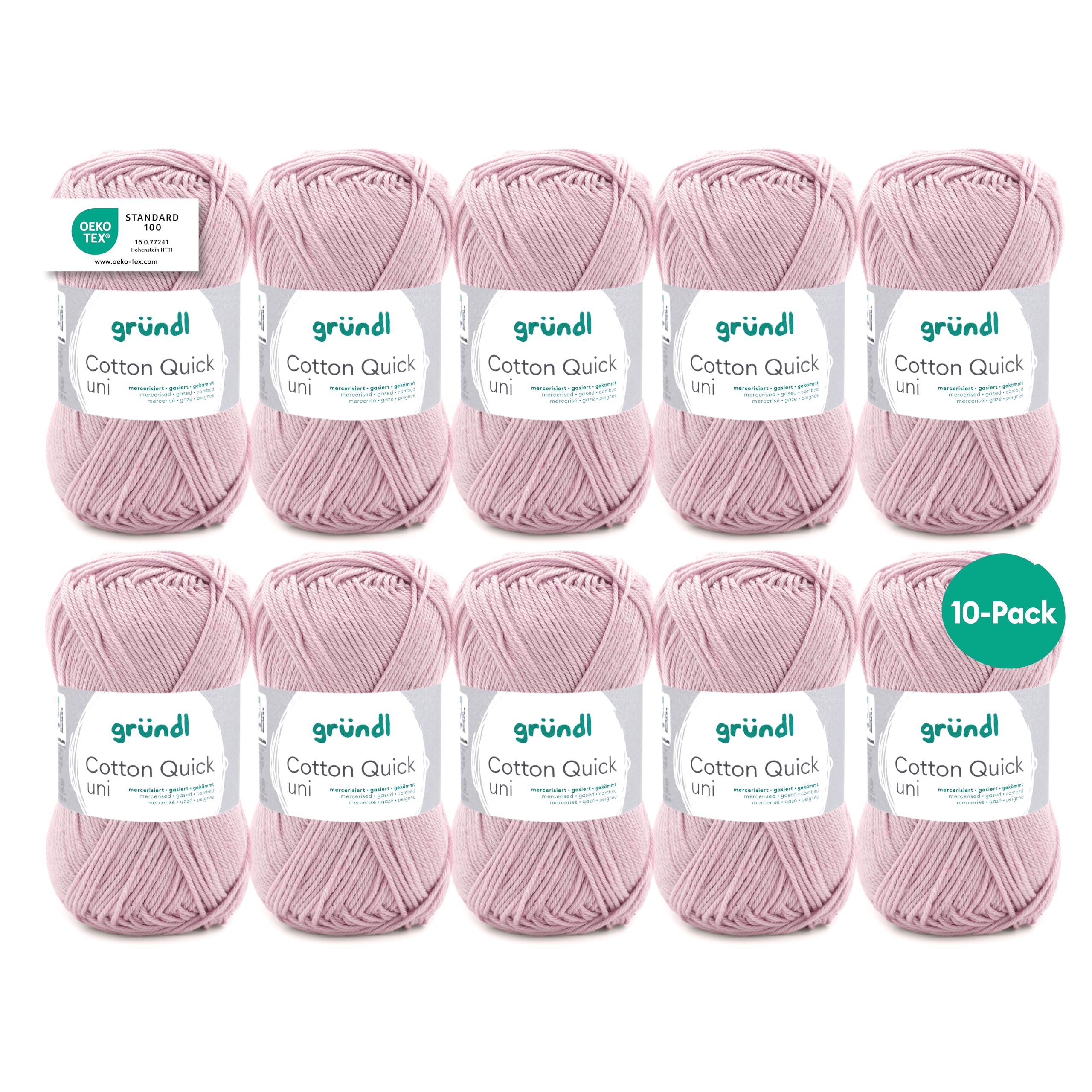 Gründl Wolle Cotton Quick uni - dünne Wolle zum Häkeln - Strickgarn - Häkelgarn - Glänzend und hautfreundlich - 100% Baumwolle - 10 Knäuel 50 g / 125 m - Nadelstärke 3-4 - rosenquarz