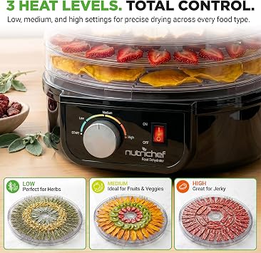 NutriChef Electric Countertop Food Dehydrator - Professional Multi-Tier Food Preserver - Dehydrates Fish, Meats, Mushrooms, Fruits & Vegetables - 5 Easy to Clean Stackable Trays., One Size, Black