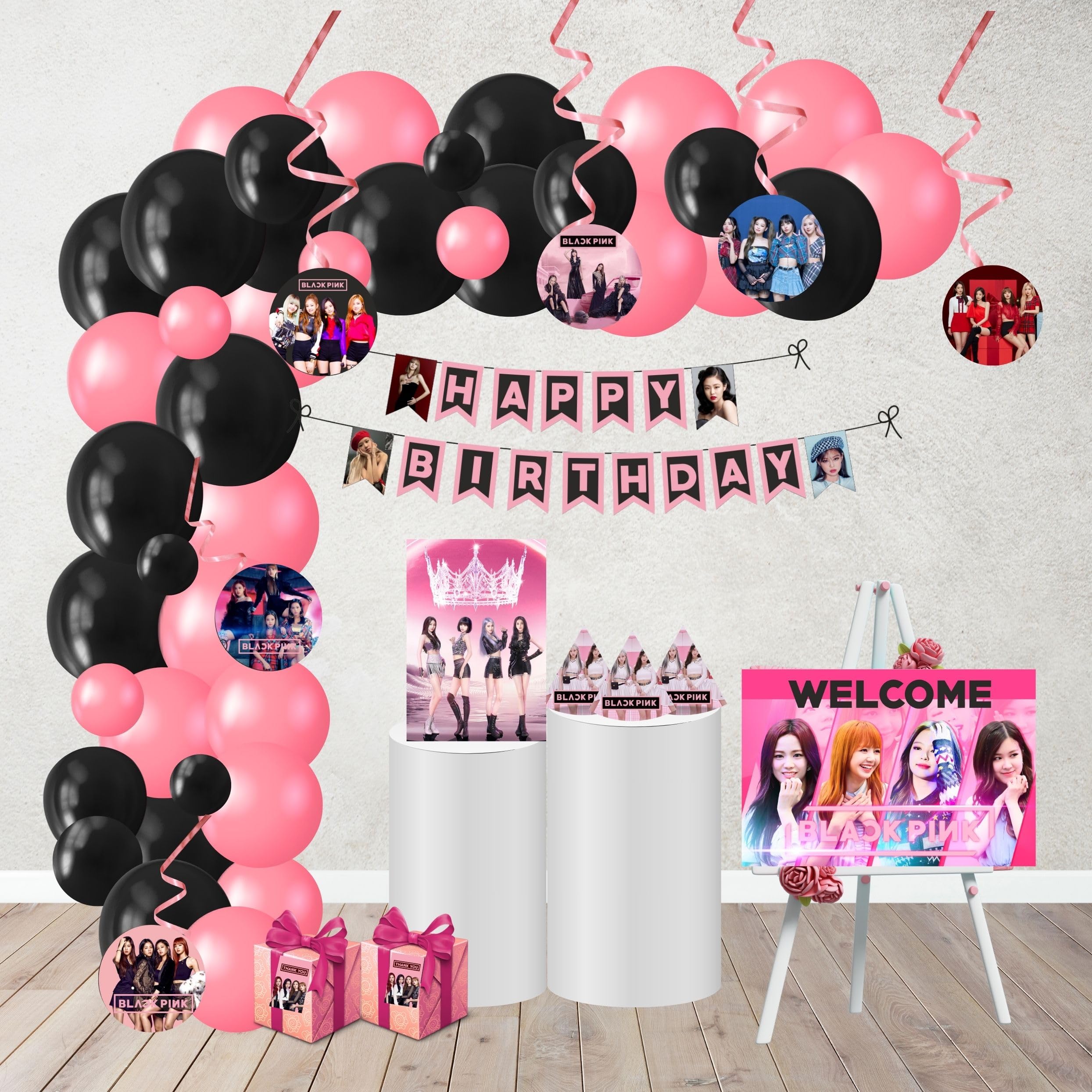 PRETTY UR PARTY BlackPink Party Decorations Kit-80 pcs Include Bunting, Poster, Balloons, Thank You, Centerpiece, Danglers Caps, Party Supplies, K-Pop Birthday Decor, DIY Bday Decoration for Kids