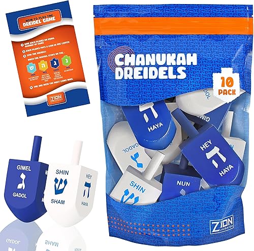Zion Judaica Hanukkah Dreidels - Madera natural azul y blanca con traducción al inglés y transliteración (10 unidades)