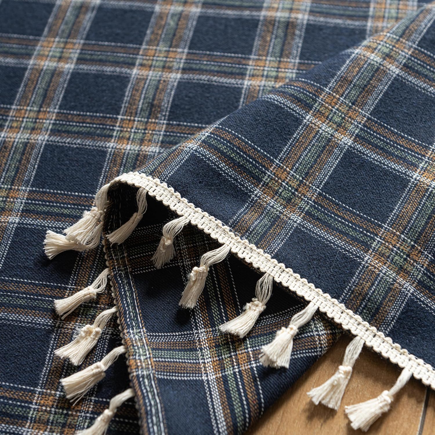 Farmhouse Plaid Tablecloth with Tassel Fringe, Polyester Cotton Rustic Table Cover, Washable Rectangular Dining Tablecloth for Kitchen, Dining Room, Parties and Everyday Use,59 * 70,Navy Blue