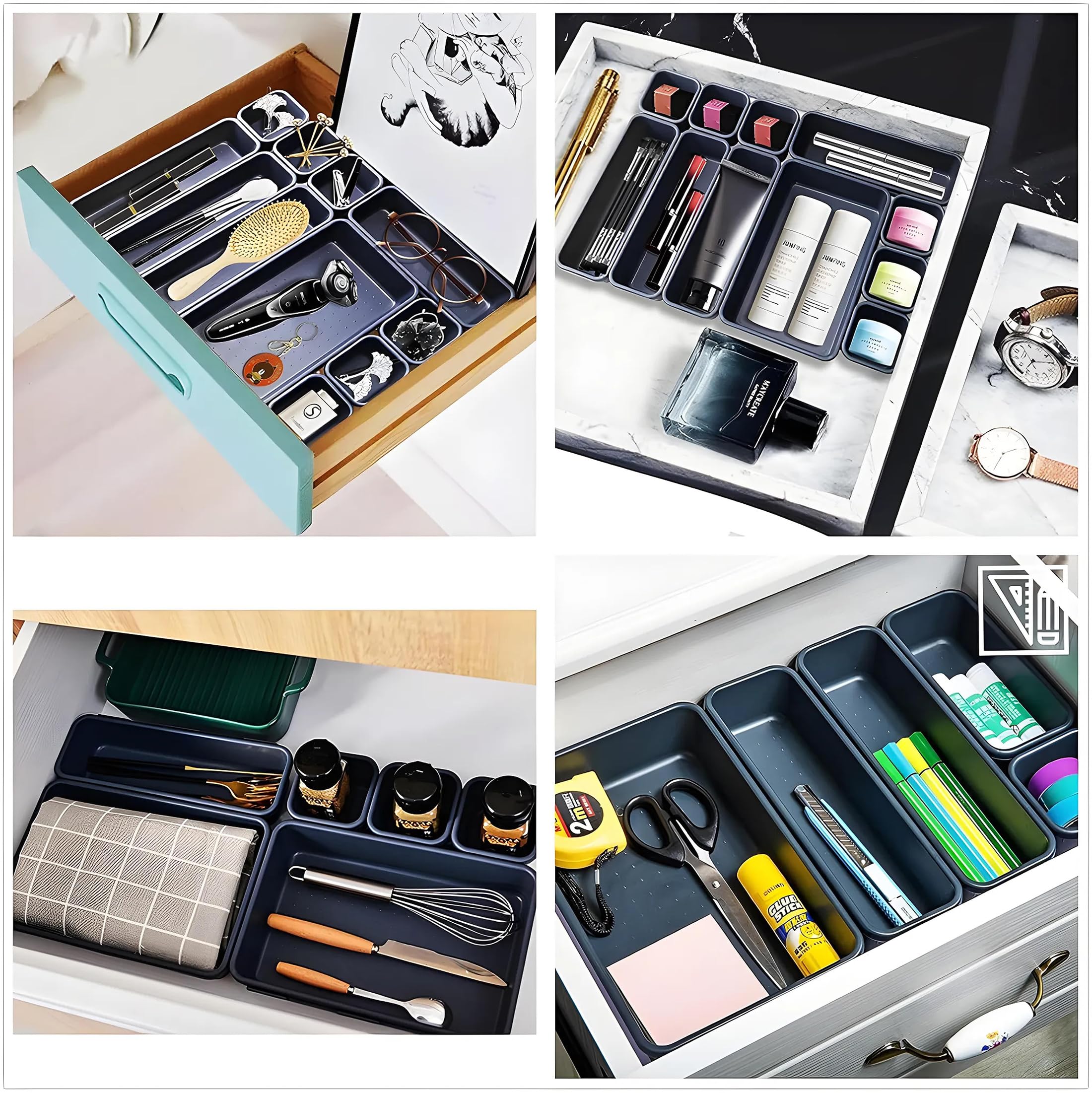Kuber Industries Acrylic Storage Organizer Set | Kitchen Organizer | Makeup Organizer Tray Set | Desk Drawer Divider Tray | Multi-Purpose Stationery Organizer with Interlock | 16 Piece Set | Black 4