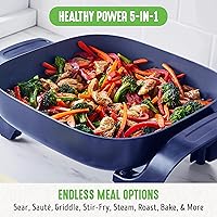 Vista 4 de GreenLife Sartén eléctrica cuadrada de 5 cuartos de galón, tapa ventilada de vidrio, interior recubierto antiadherente de cerámica sin PFAS, control