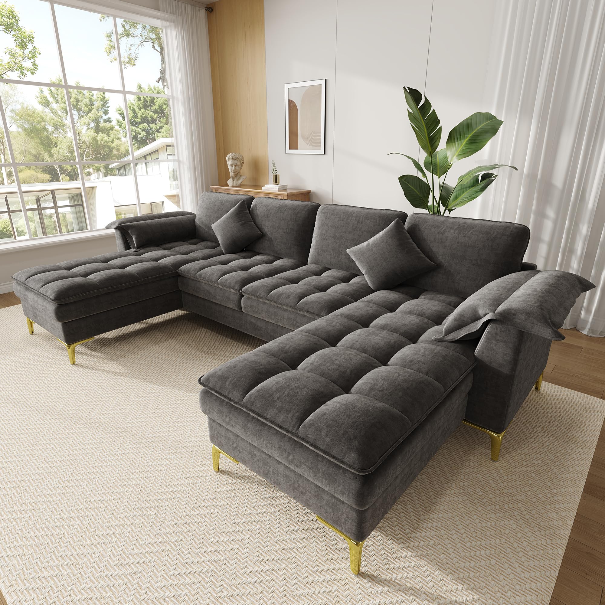 Sofá esquinero en forma de U, diseño modular de 4 plazas con efecto nube y cojín de espuma de doble capa, incluye 2 chaise longues, 2 cojines, patas de metal doradas, funda de chenilla, adecuado para