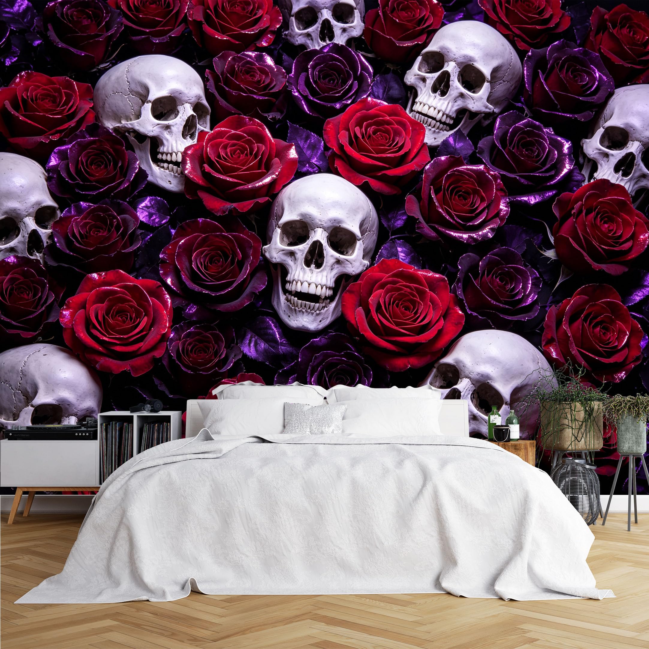 Lcythiazole Ch260615018 Custom Size Wall Murals Red Purple Rose Skull Gothic Pattern Wall Murals Realistic Wall Stickers Wallpaper Self-Adhesive Removable Wallpaper For Halloween Bar Bedroom