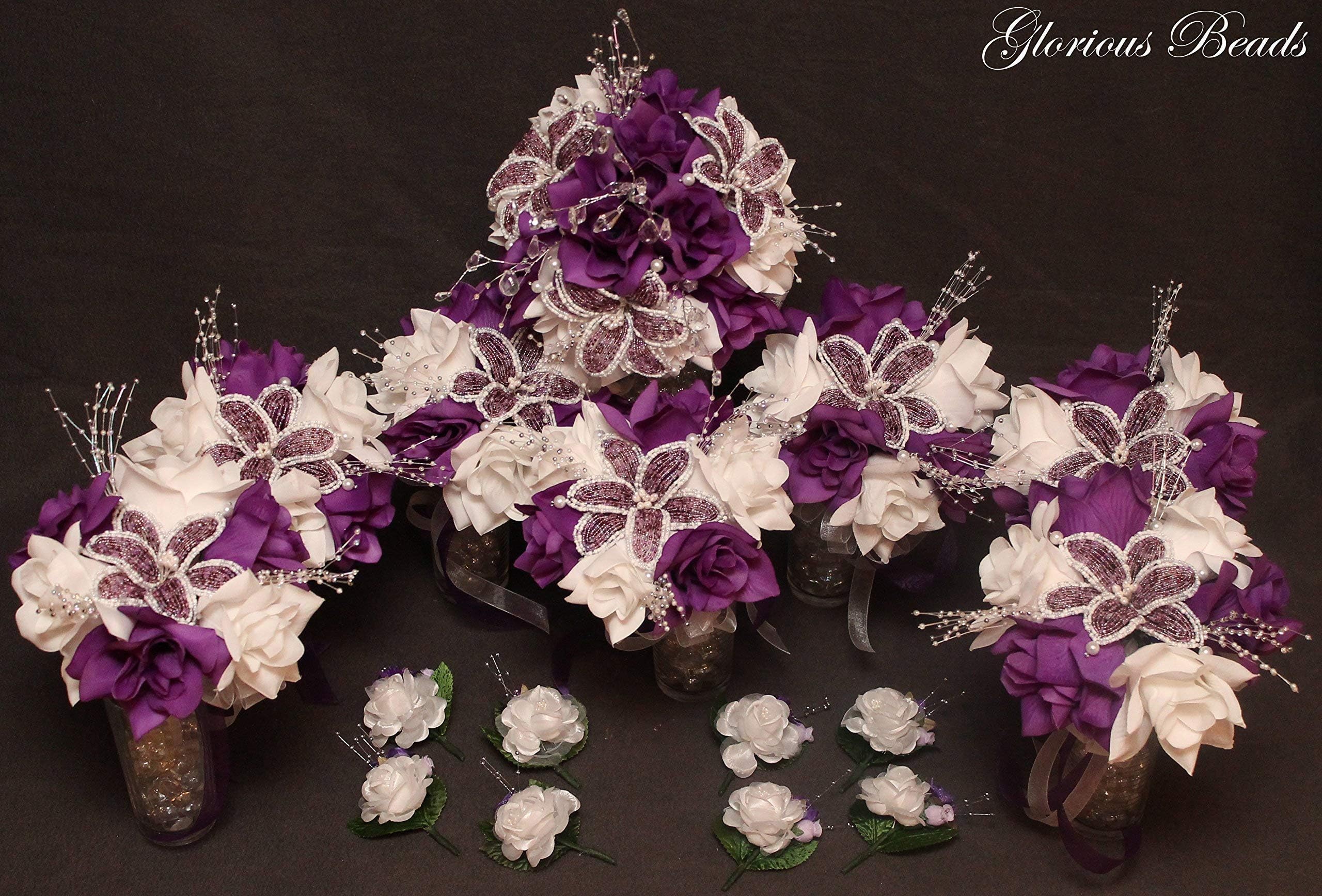 Bouquet Purple Flower Package with Beaded Lilies and Boutonnieres. (16 piece)
