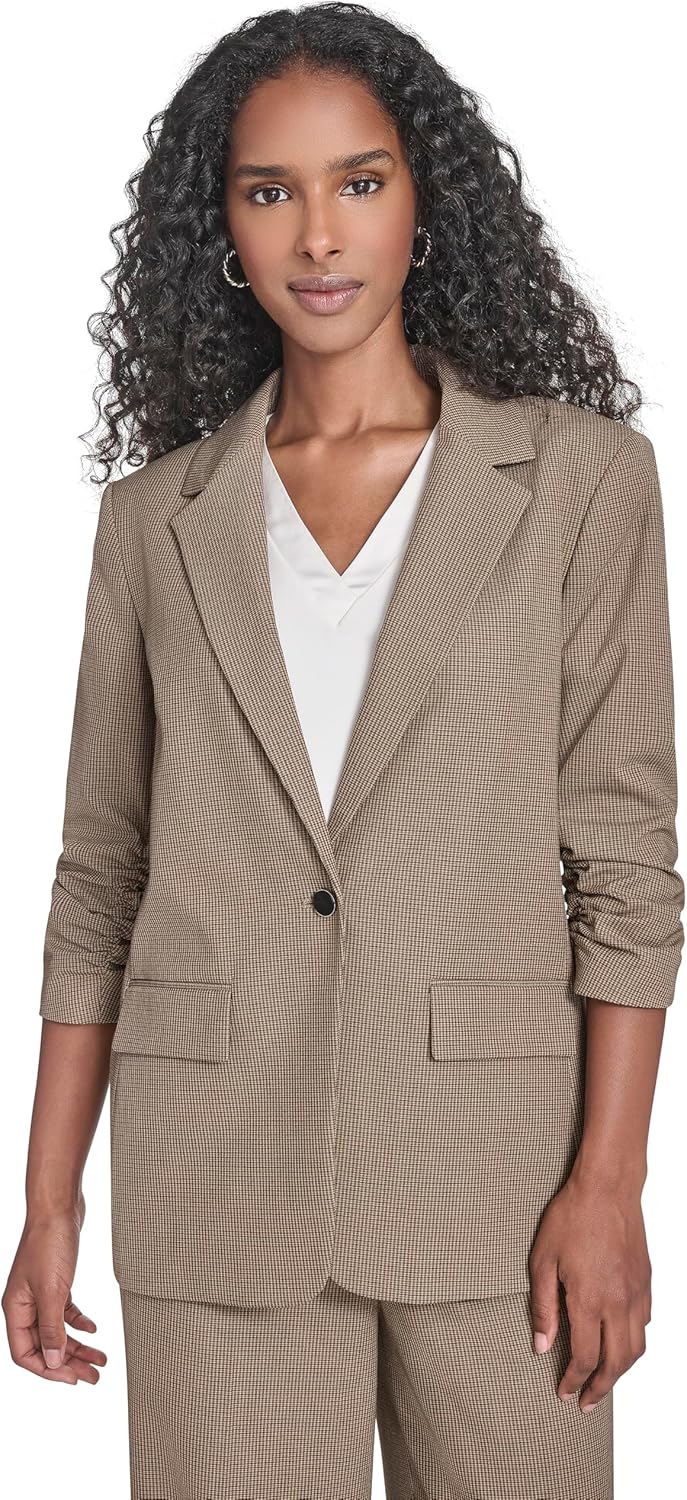 Calvin Klein womens Shoulder Padding One Button Front Pocket Notch Collar Jacket